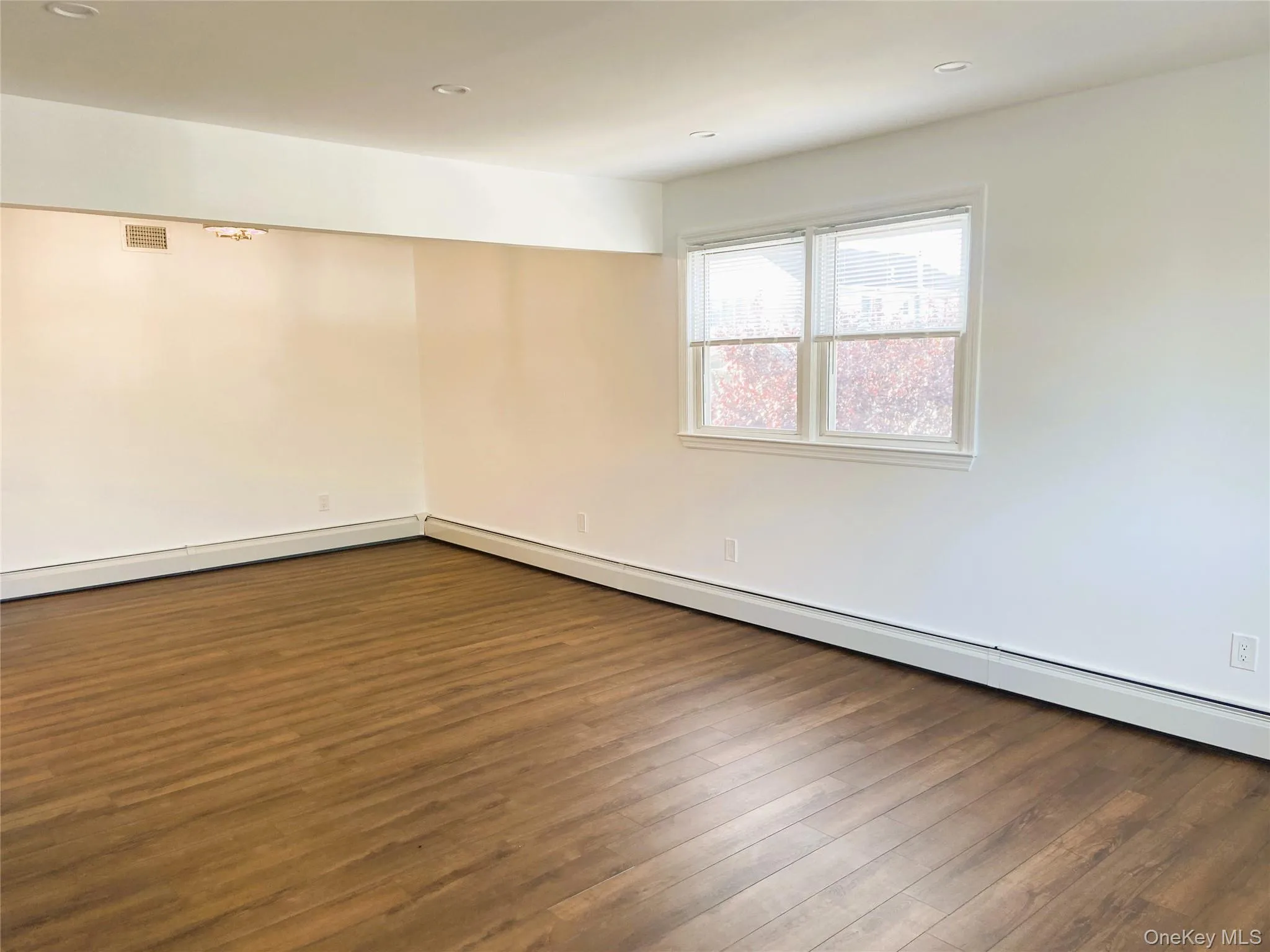 Spare room with dark wood-type flooring, a baseboard radiator, baseboards, and recessed lighting Spare room with dark wood-type flooring, a baseboard radiator, baseboards, and recessed lighting