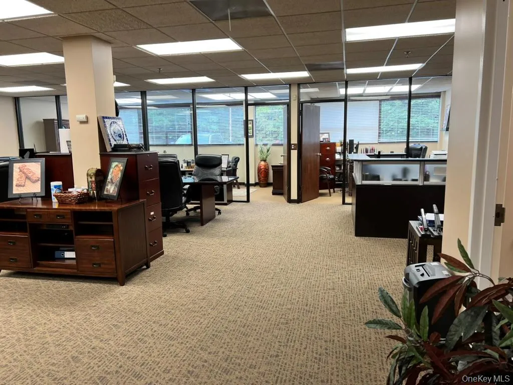 Office space with light colored carpet, healthy amount of natural light, and a paneled ceiling Office space with light colored carpet, healthy amount of natural light, and a paneled ceiling