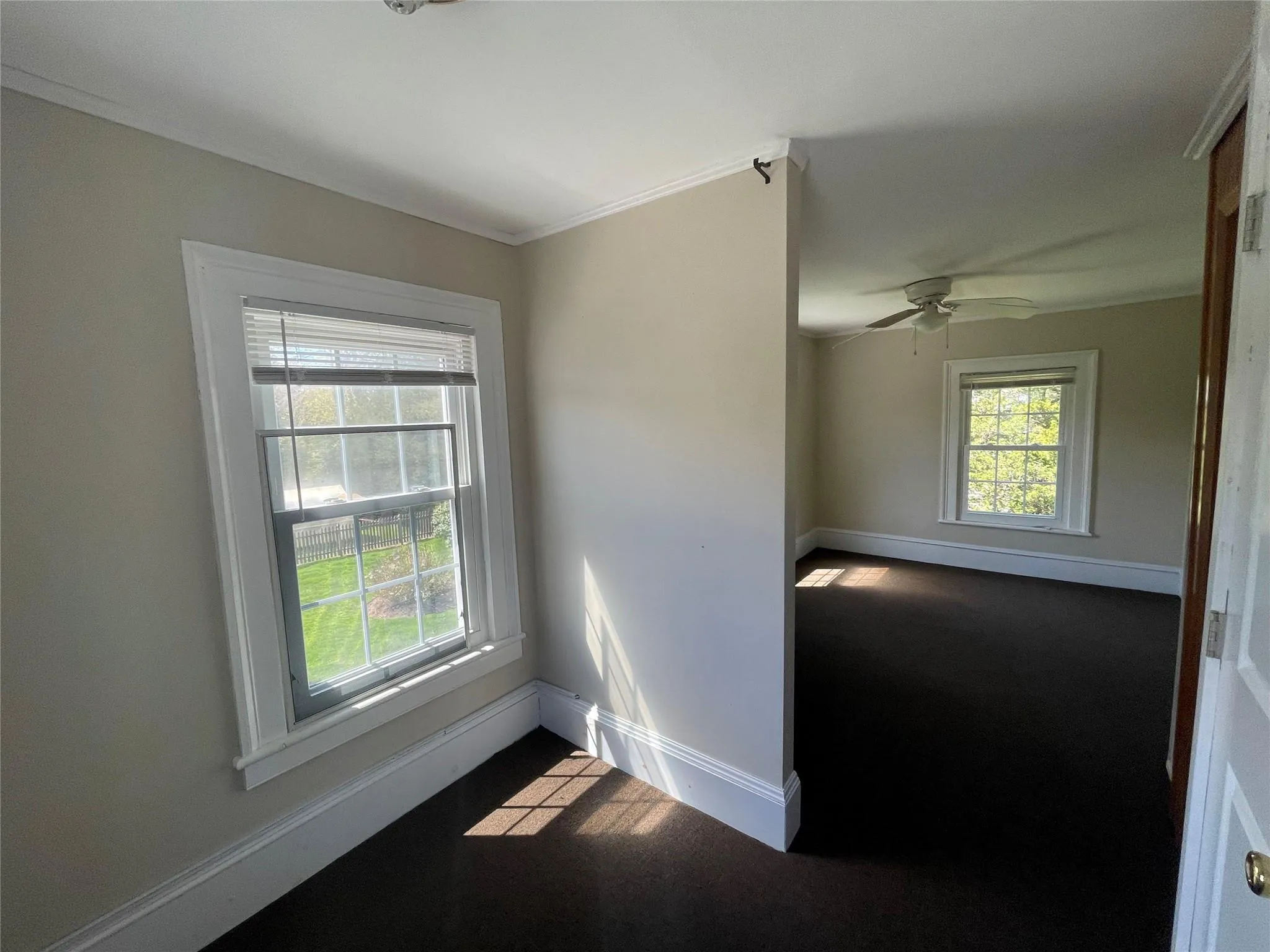 Unfurnished room featuring a ceiling fan, carpet, and crown molding Unfurnished room featuring a ceiling fan, carpet, and crown molding