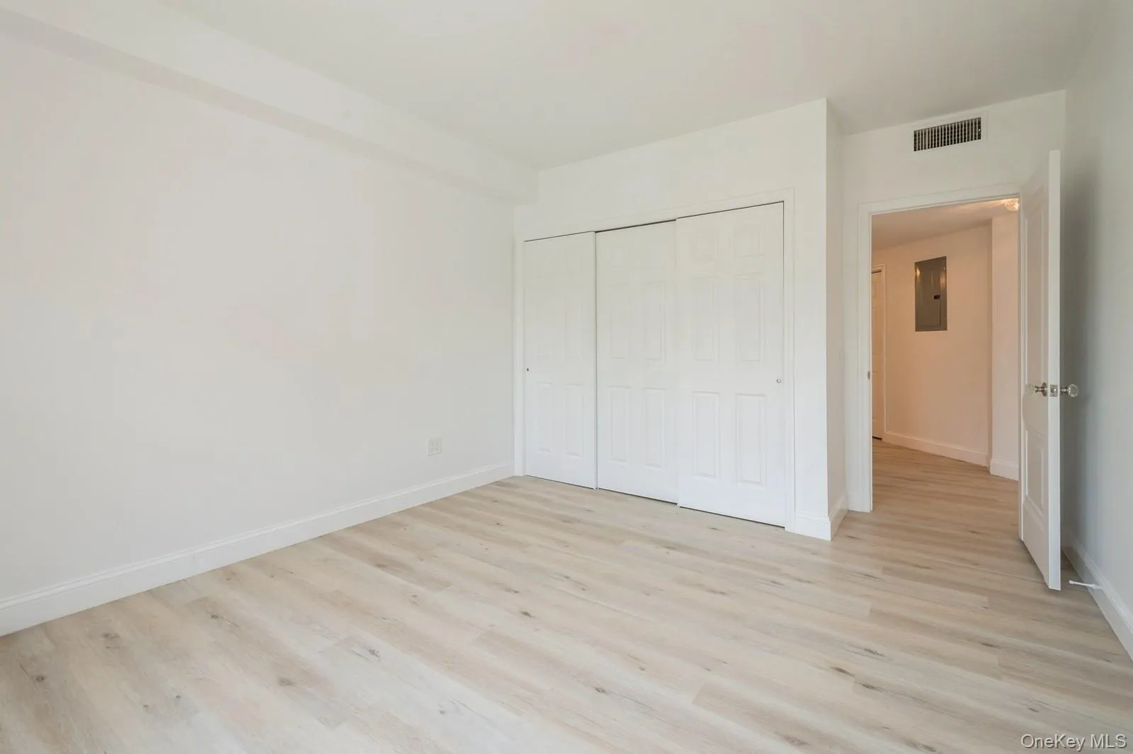 Unfurnished bedroom featuring electric panel, light wood-style flooring, and a closet Unfurnished bedroom featuring electric panel, light wood-style flooring, and a closet