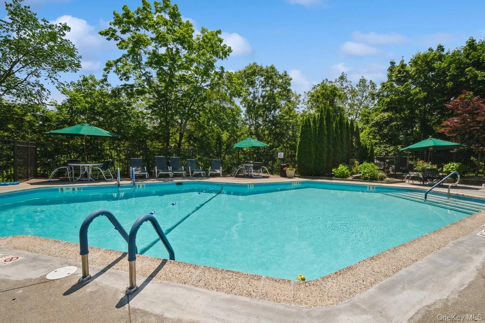 Community pool featuring a patio area and view of wooded area Community pool featuring a patio area and view of wooded area