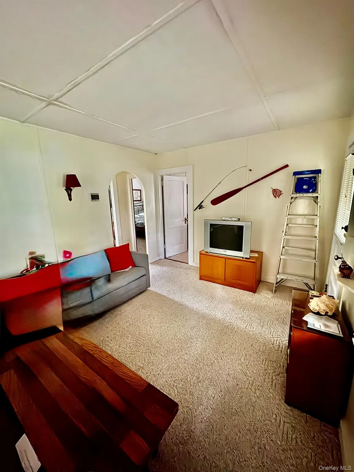 Carpeted living room featuring arched walkways Carpeted living room featuring arched walkways