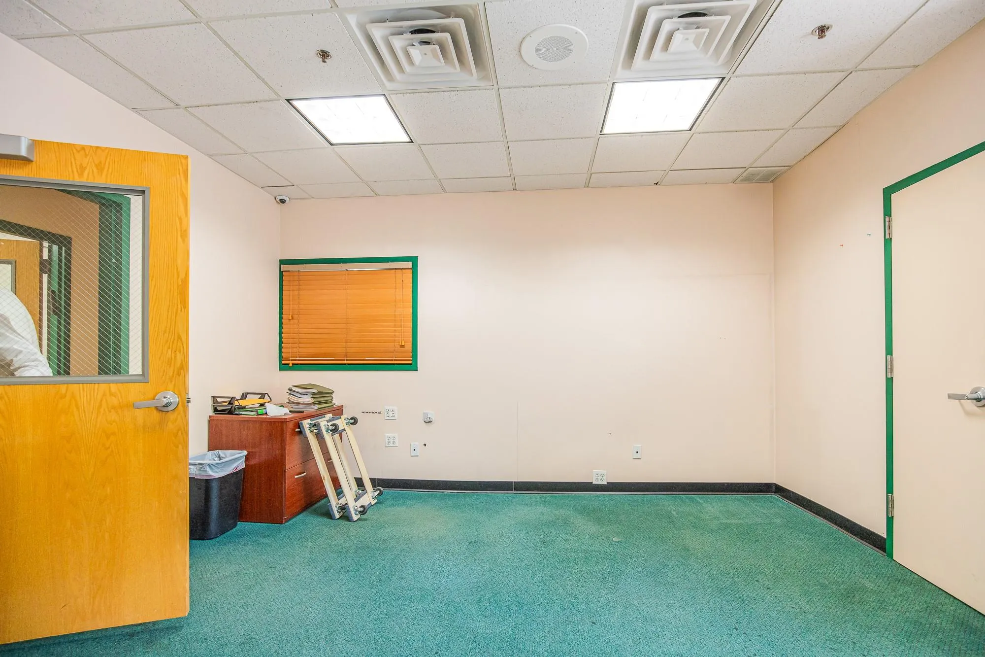 Carpeted spare room with baseboards, a drop ceiling, and a pendent fire sprinkler Carpeted spare room with baseboards, a drop ceiling, and a pendent fire sprinkler