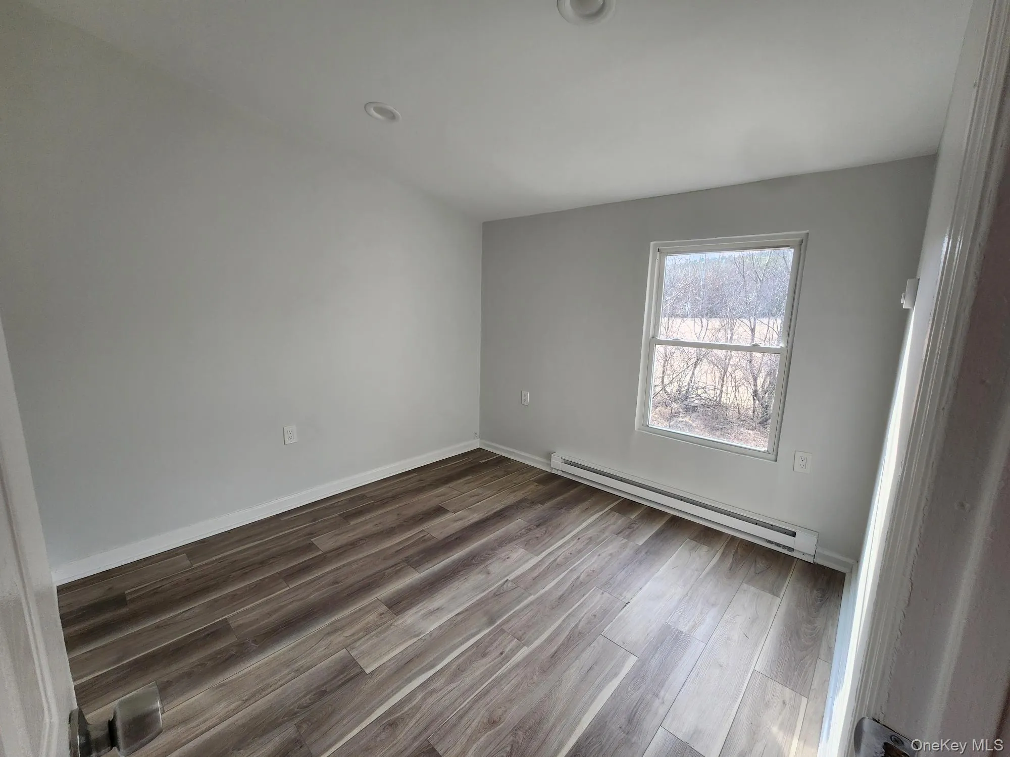 Spare room with baseboard heating, dark wood finished floors, and baseboards Spare room with baseboard heating, dark wood finished floors, and baseboards