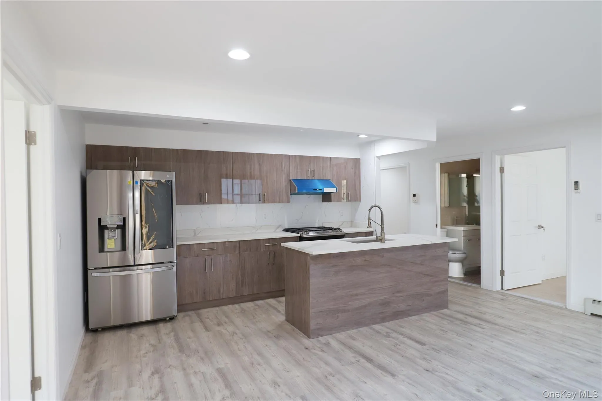 Kitchen with stainless steel appliances, light wood-type flooring, under cabinet range hood, modern cabinets, and recessed lighting Kitchen with stainless steel appliances, light wood-type flooring, under cabinet range hood, modern cabinets, and recessed lighting
