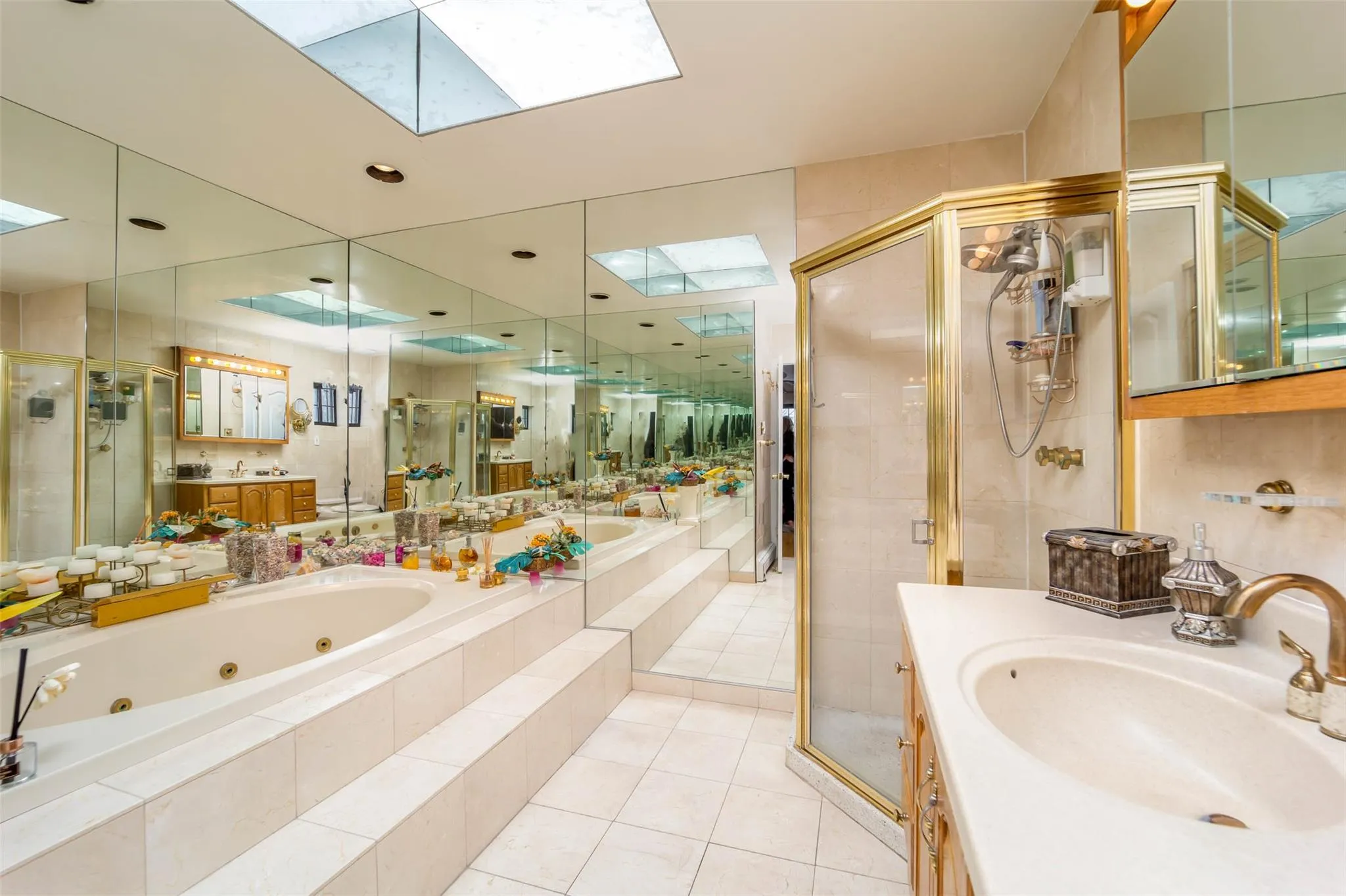 Bathroom featuring a skylight, a jetted tub, a shower stall, and vanity Bathroom featuring a skylight, a jetted tub, a shower stall, and vanity