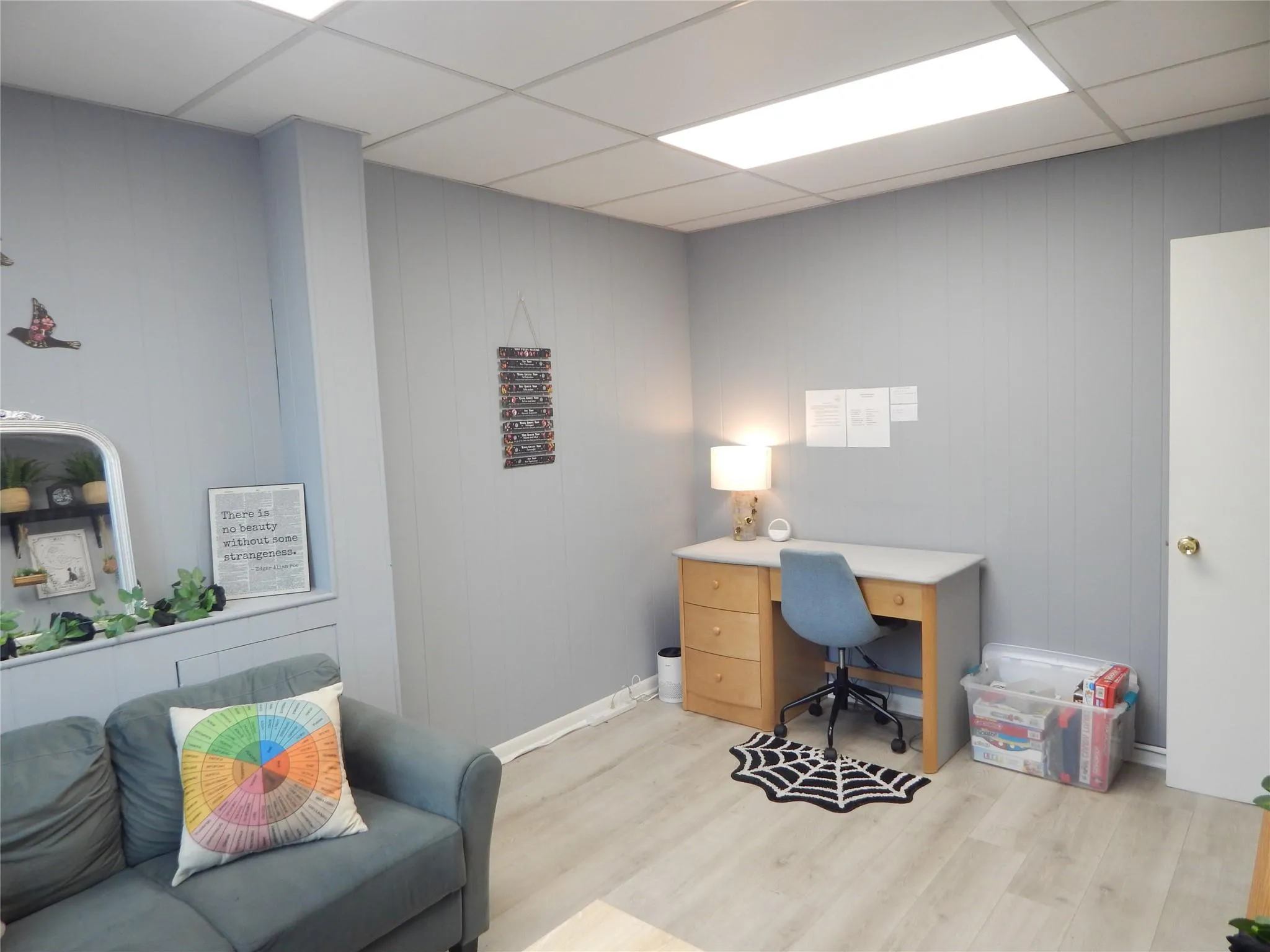 Office space with a drop ceiling, light wood-type flooring, Office space with a drop ceiling, light wood-type flooring,