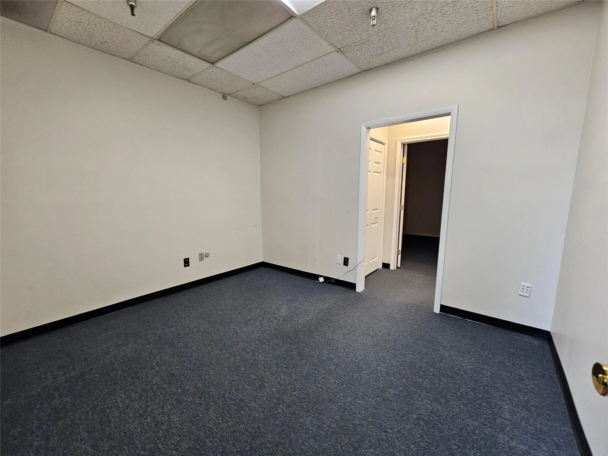 Spare room with a paneled ceiling, dark colored carpet, and baseboards Spare room with a paneled ceiling, dark colored carpet, and baseboards