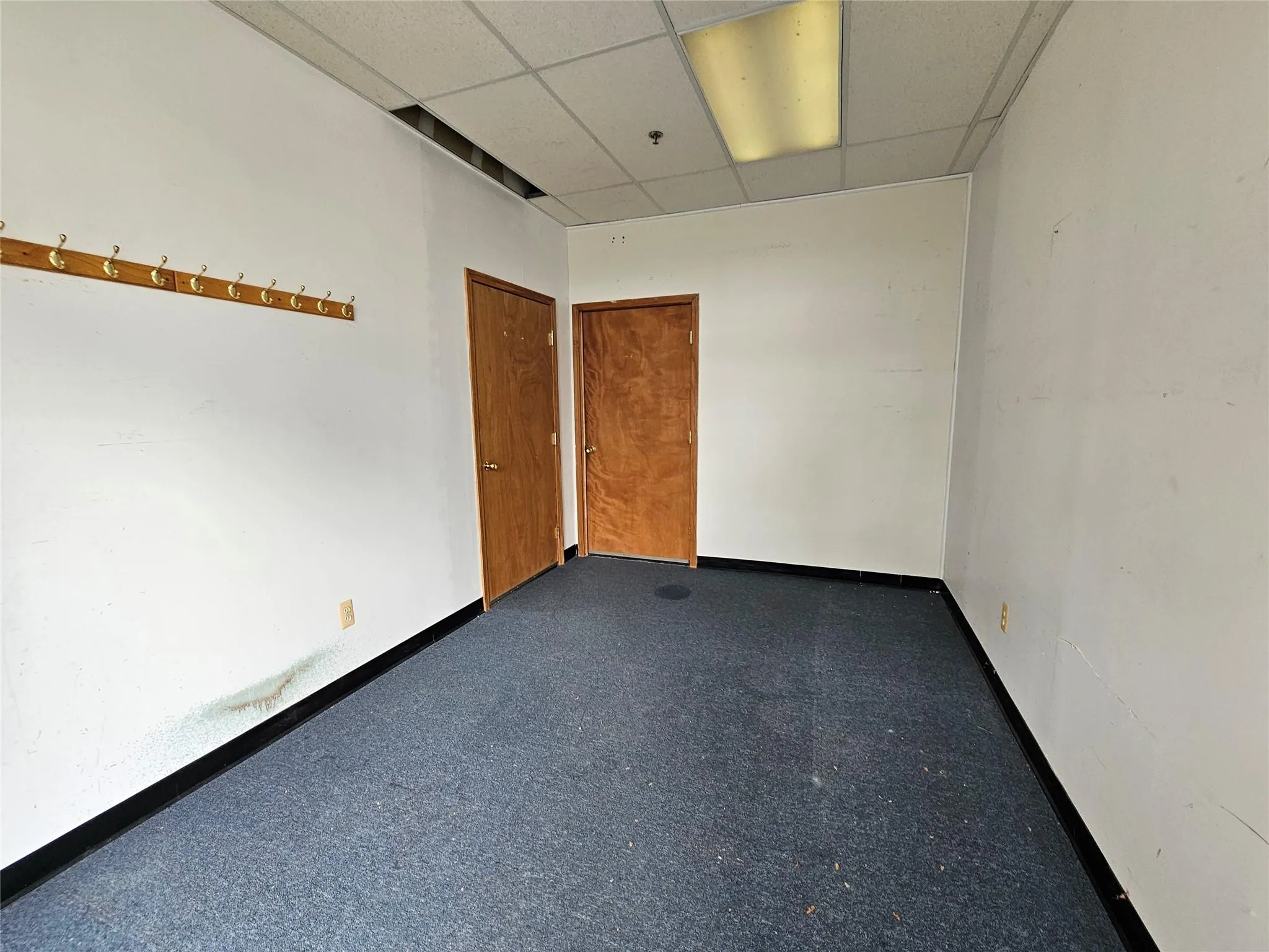 Unfurnished room with a paneled ceiling, a pendent fire sprinkler, and baseboards Unfurnished room with a paneled ceiling, a pendent fire sprinkler, and baseboards