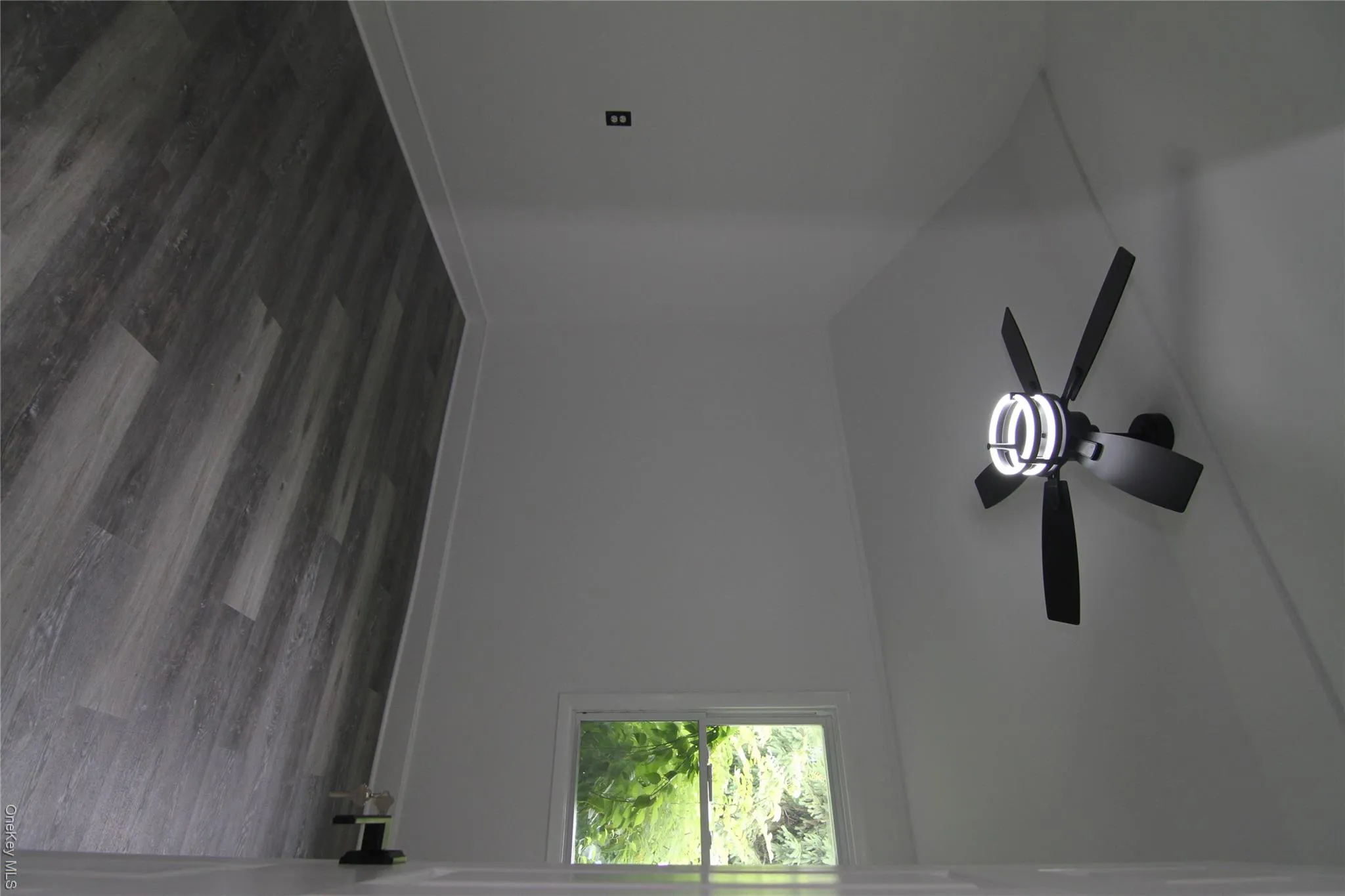Unfurnished room featuring vaulted ceiling, a ceiling fan, and dark wood finished floors Unfurnished room featuring vaulted ceiling, a ceiling fan, and dark wood finished floors