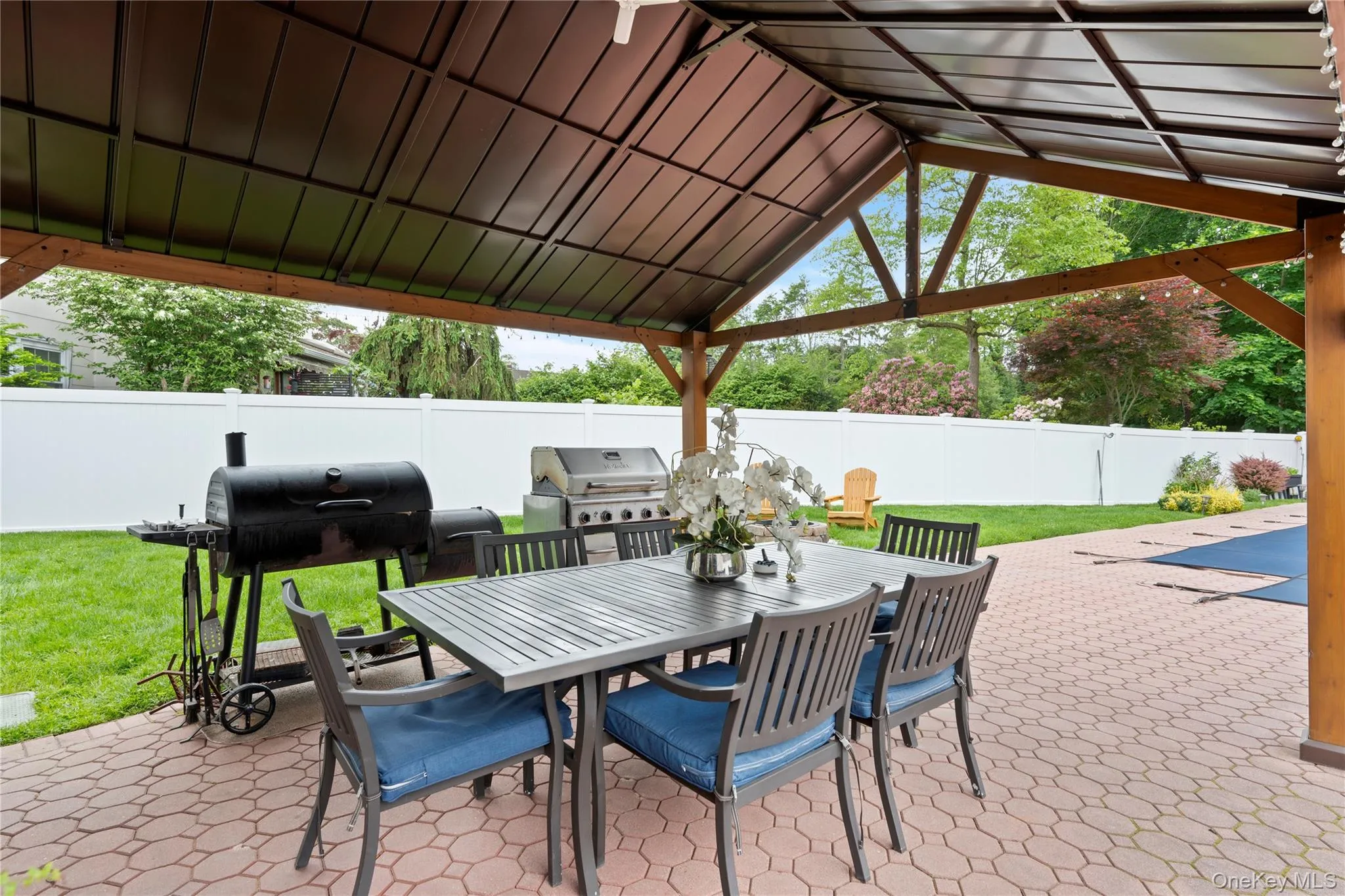 Fenced backyard with a grill, a patio area, and outdoor dining area Fenced backyard with a grill, a patio area, and outdoor dining area