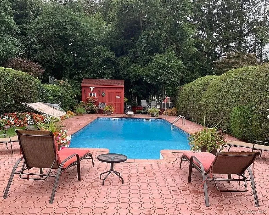 View of pool with a storage unit and a patio area View of pool with a storage unit and a patio area