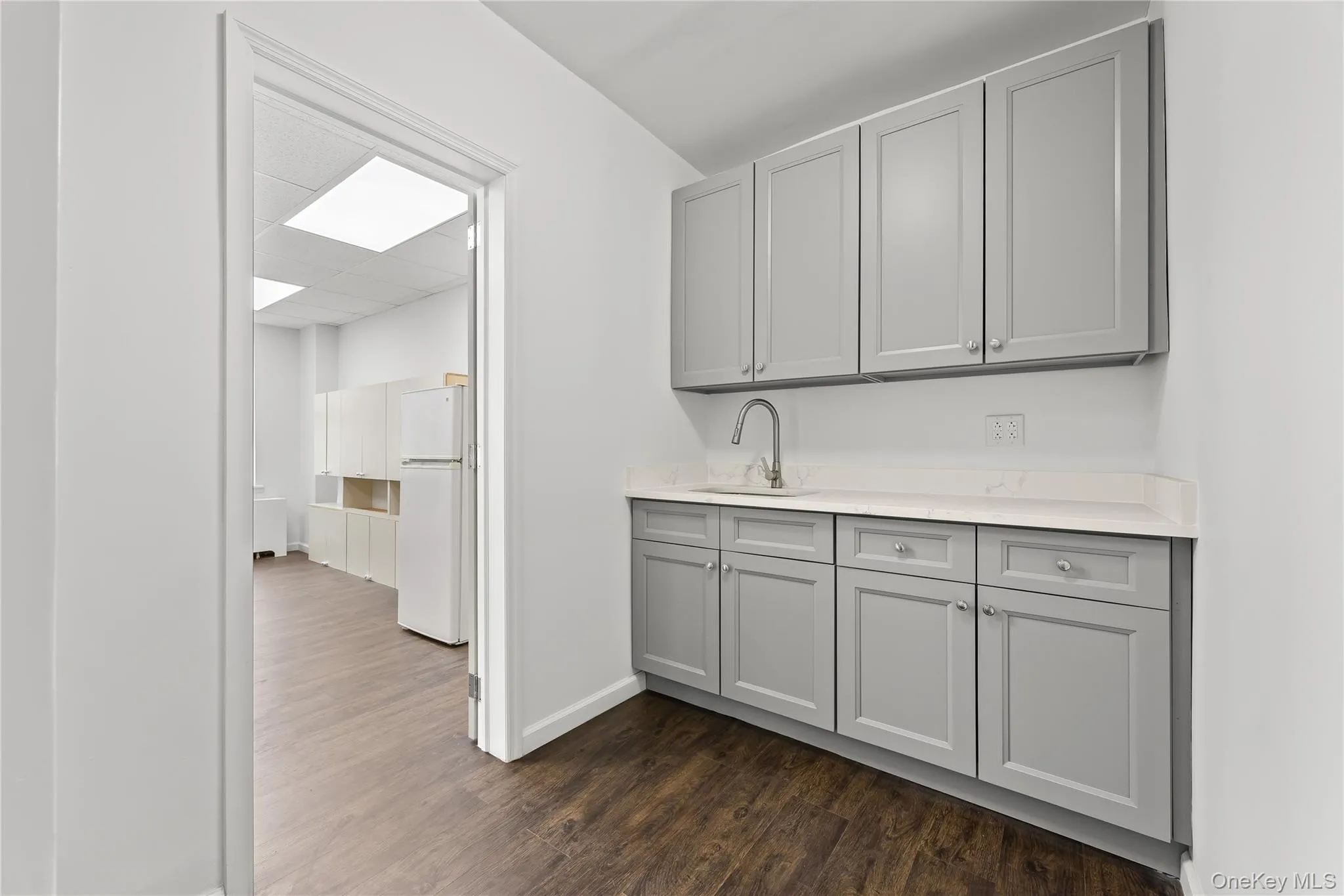 Kitchen featuring gray cabinets, freestanding refrigerator, dark wood-style flooring, and light countertops Kitchen featuring gray cabinets, freestanding refrigerator, dark wood-style flooring, and light countertops