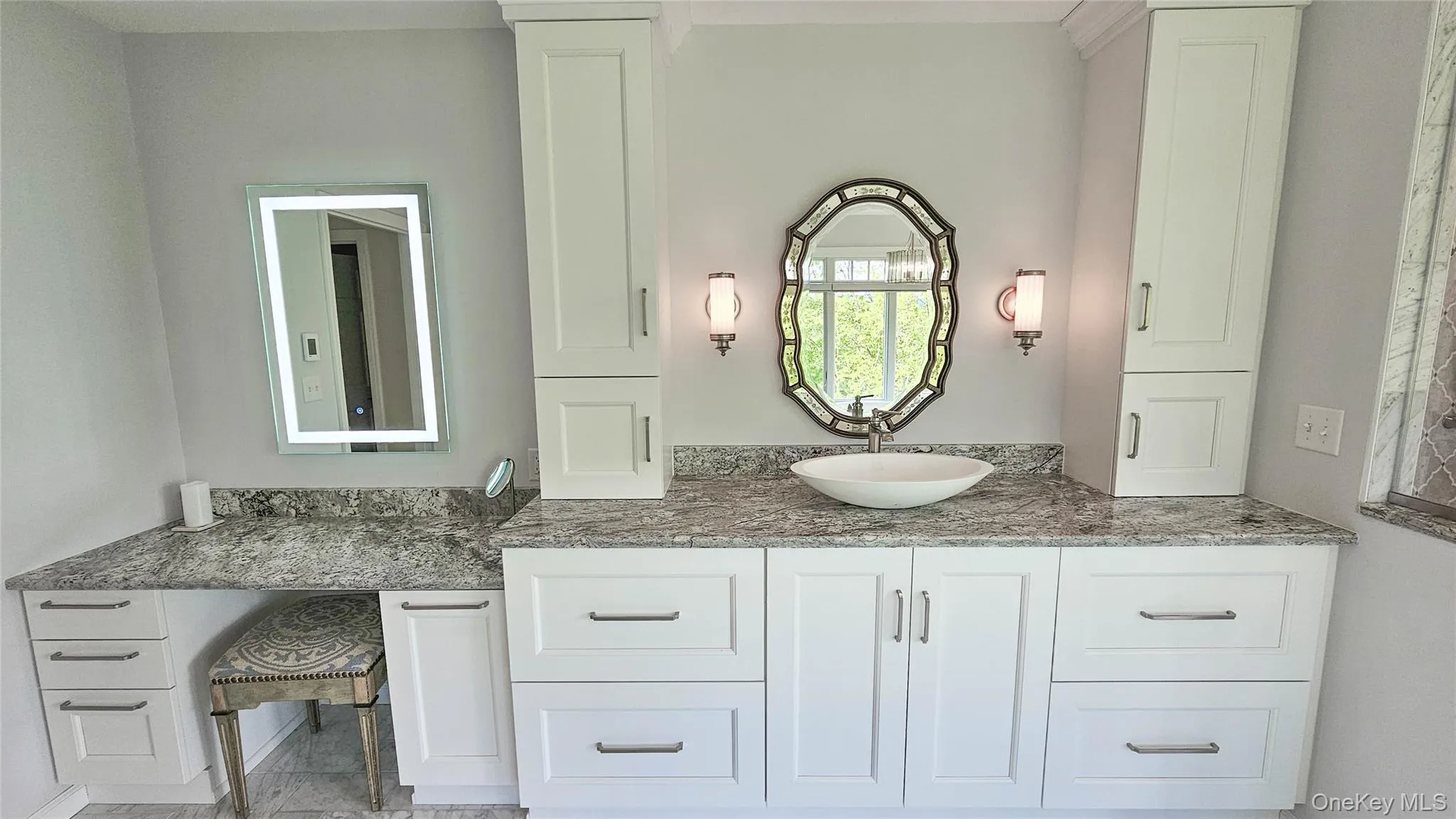 Fully renovated master bathroom with heated tile floors, electric and plumbing, new wall lighting (sconces) Fully renovated master bathroom with heated tile floors, electric and plumbing, new wall lighting (sconces)
