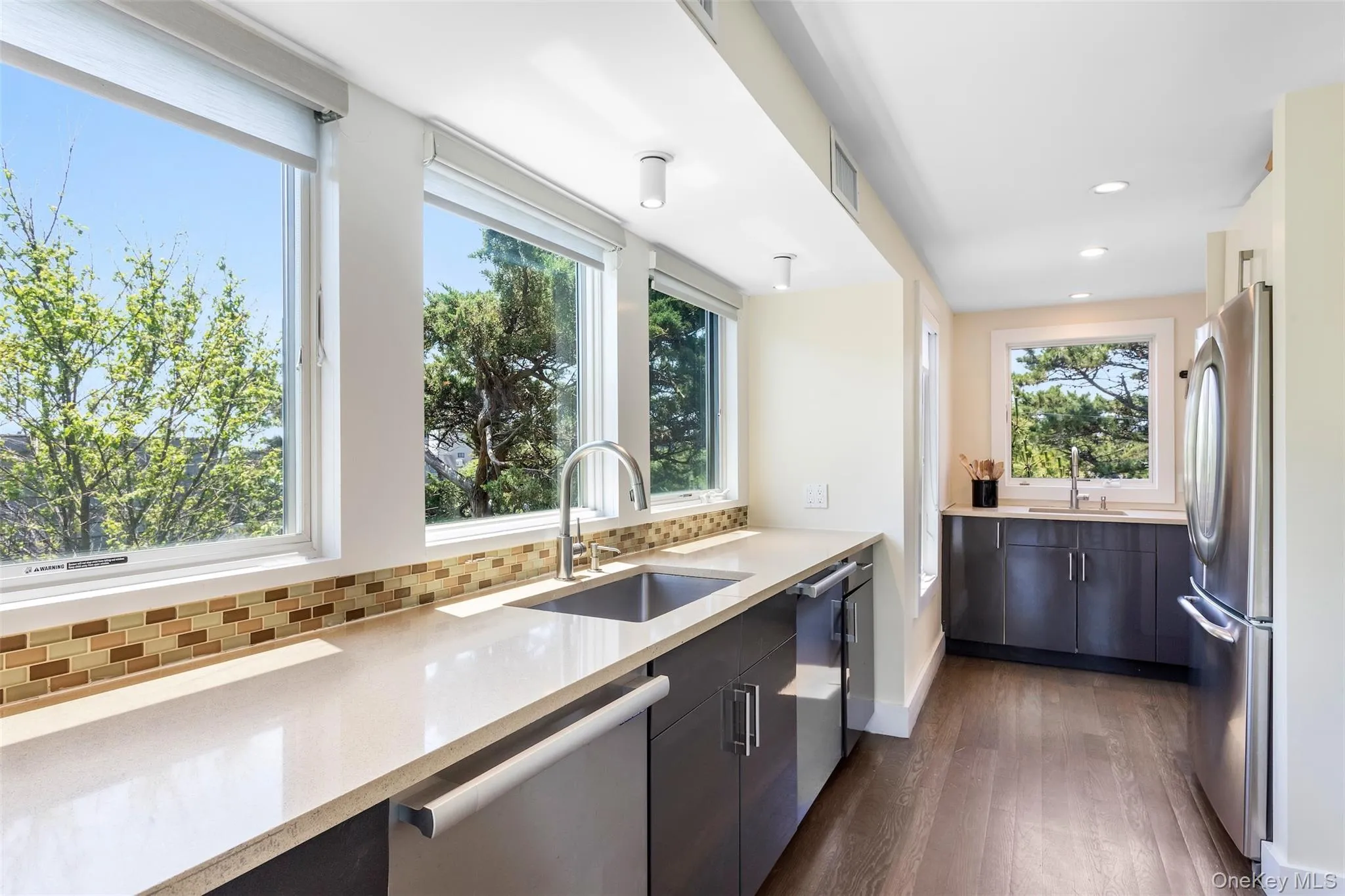Kitchen featuring stainless steel appliances, dark wood-style flooring, decorative backsplash, plenty of natural light, and recessed lighting Kitchen featuring stainless steel appliances, dark wood-style flooring, decorative backsplash, plenty of natural light, and recessed lighting