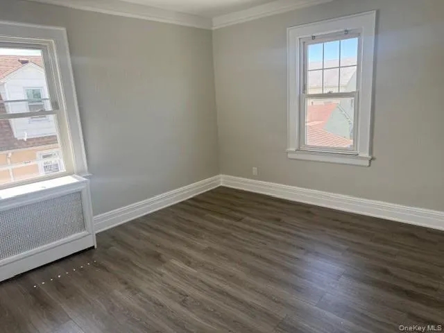 Spare room with dark wood-style floors, ornamental molding, and radiator Spare room with dark wood-style floors, ornamental molding, and radiator