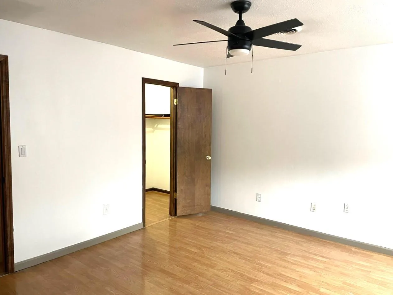Spare room featuring light wood finished floors and ceiling fan Spare room featuring light wood finished floors and ceiling fan