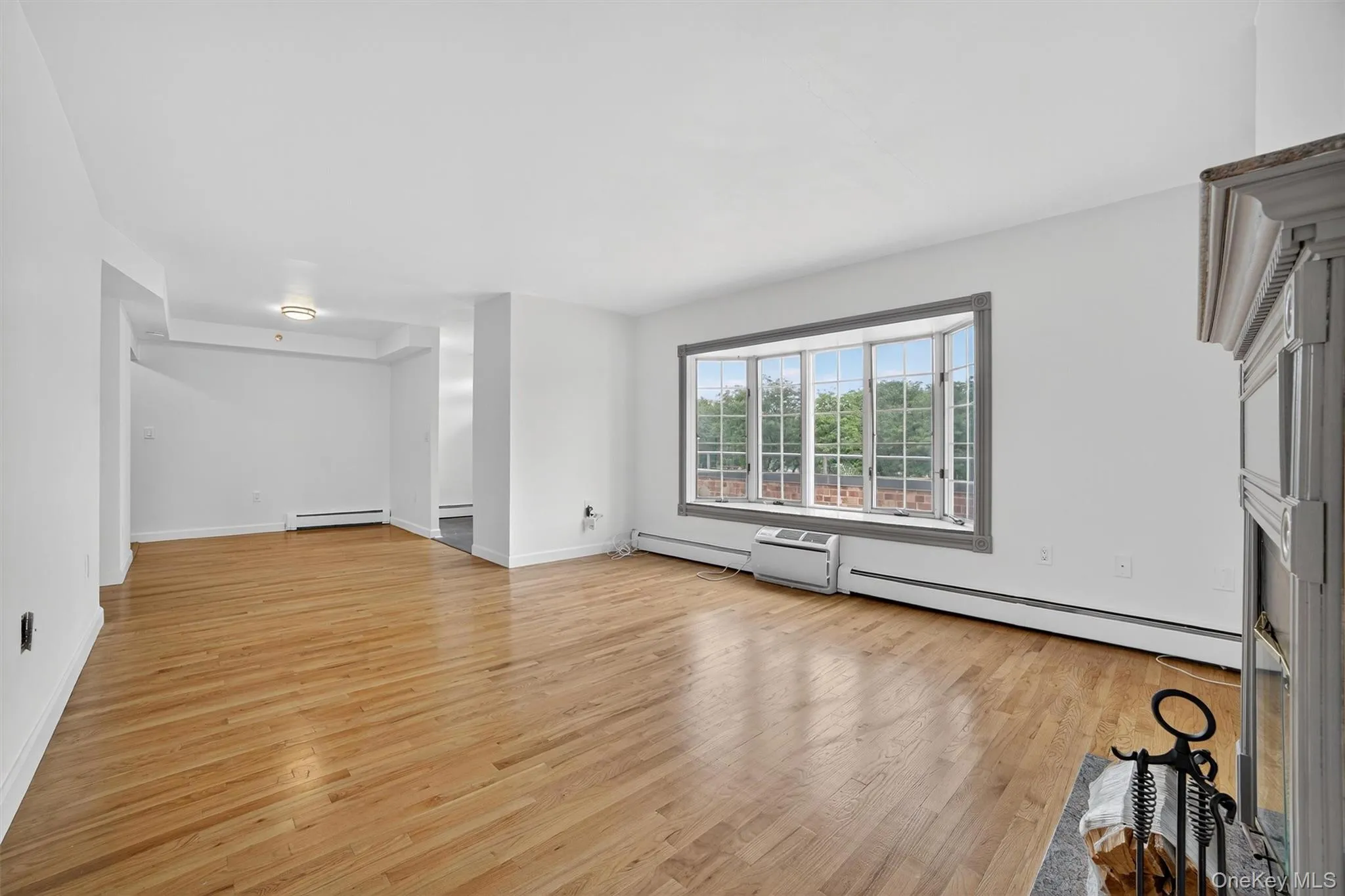 Unfurnished living room featuring light wood finished floors, baseboard heating, and a baseboard heating unit Unfurnished living room featuring light wood finished floors, baseboard heating, and a baseboard heating unit
