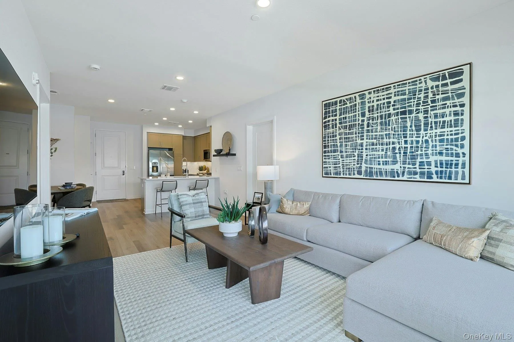 Living room featuring light wood-style floors and recessed lighting Living room featuring light wood-style floors and recessed lighting