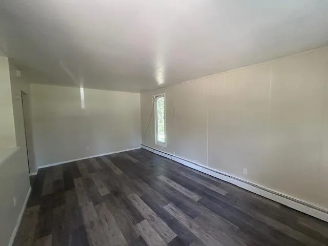 Spare room with a baseboard radiator and dark wood finished floors Spare room with a baseboard radiator and dark wood finished floors