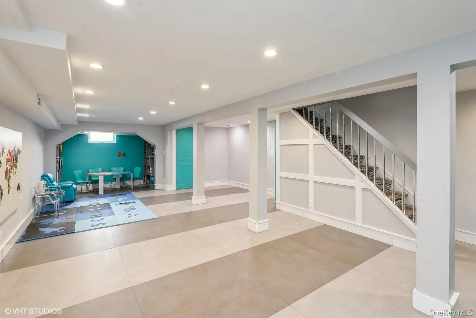 Workout room featuring recessed lighting and tile patterned floors Workout room featuring recessed lighting and tile patterned floors