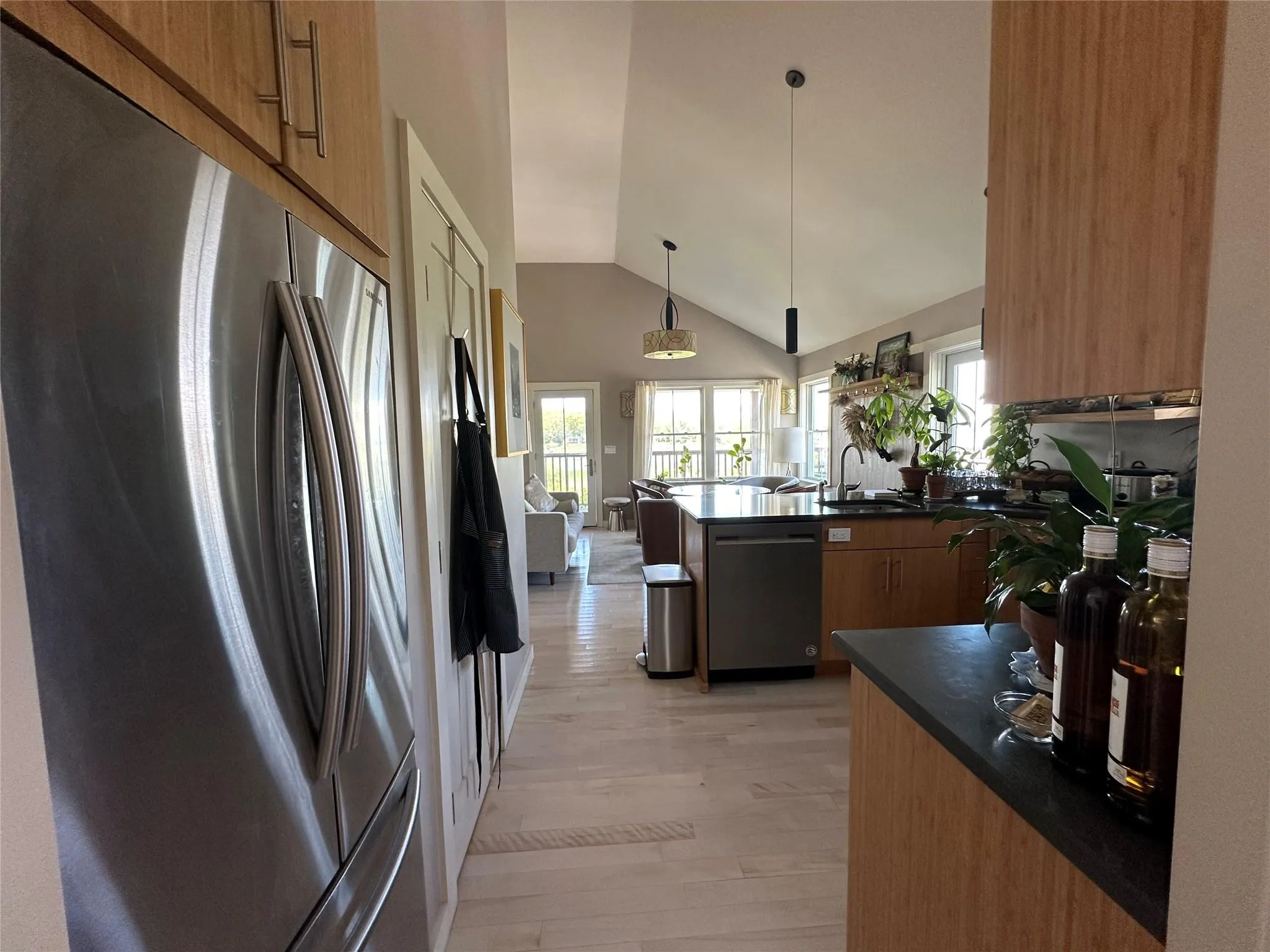 Kitchen featuring appliances with stainless steel finishes, dark countertops, a peninsula, lofted ceiling, and plenty of natural light Kitchen featuring appliances with stainless steel finishes, dark countertops, a peninsula, lofted ceiling, and plenty of natural light