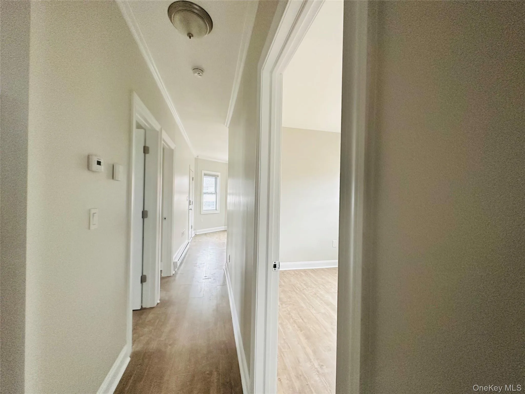 Corridor featuring wood-type flooring and crown molding Corridor featuring wood-type flooring and crown molding