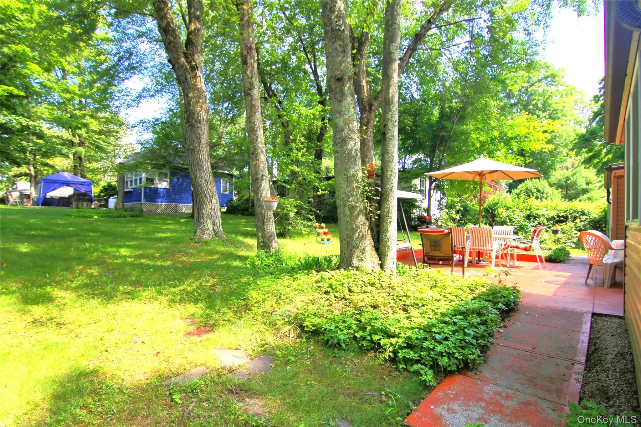 View of green lawn featuring a patio area and view of wooded area View of green lawn featuring a patio area and view of wooded area