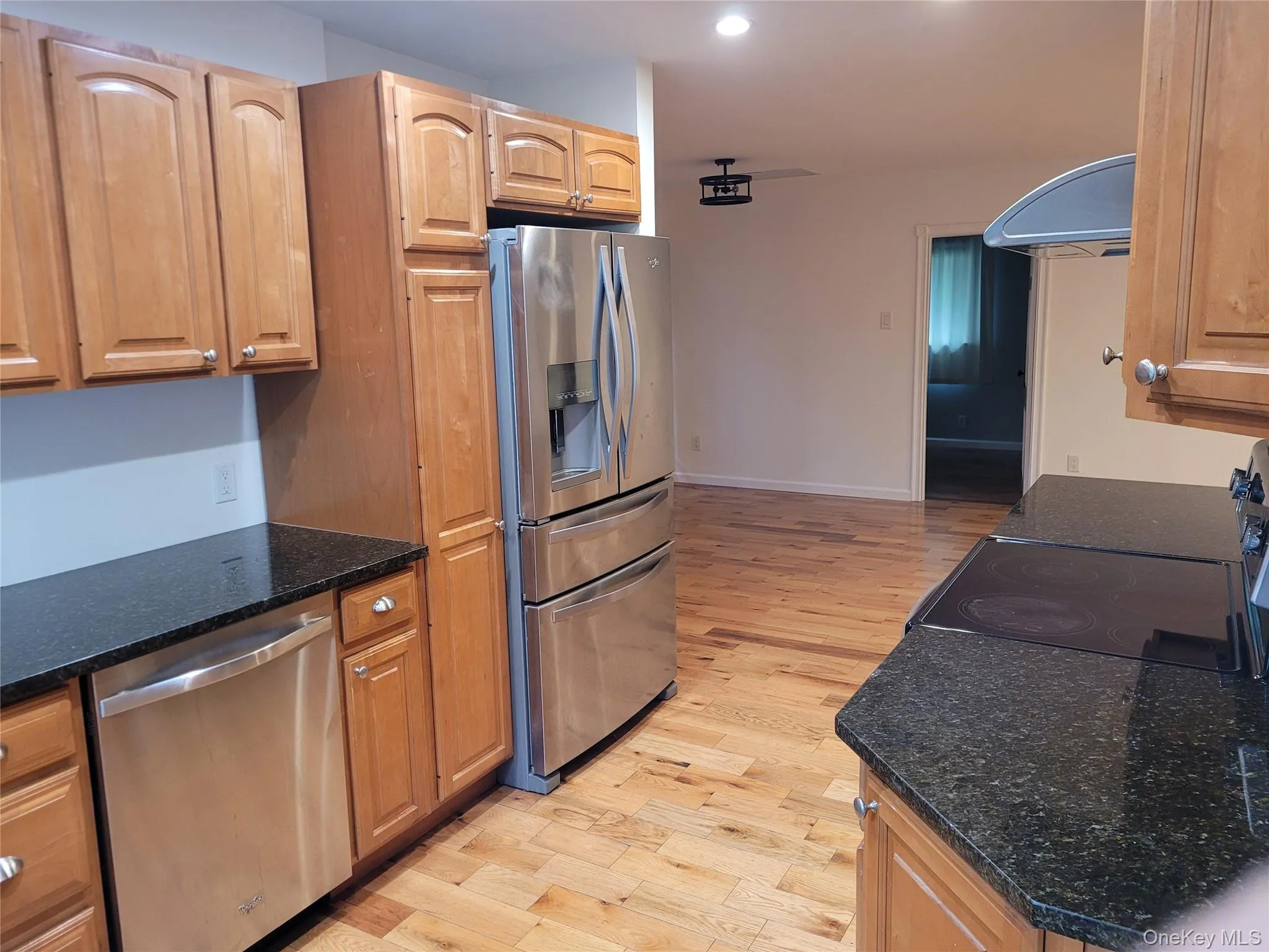 Kitchen featuring stainless steel appliances, light wood-type flooring, recessed lighting, dark stone counters, and ventilation hood Kitchen featuring stainless steel appliances, light wood-type flooring, recessed lighting, dark stone counters, and ventilation hood