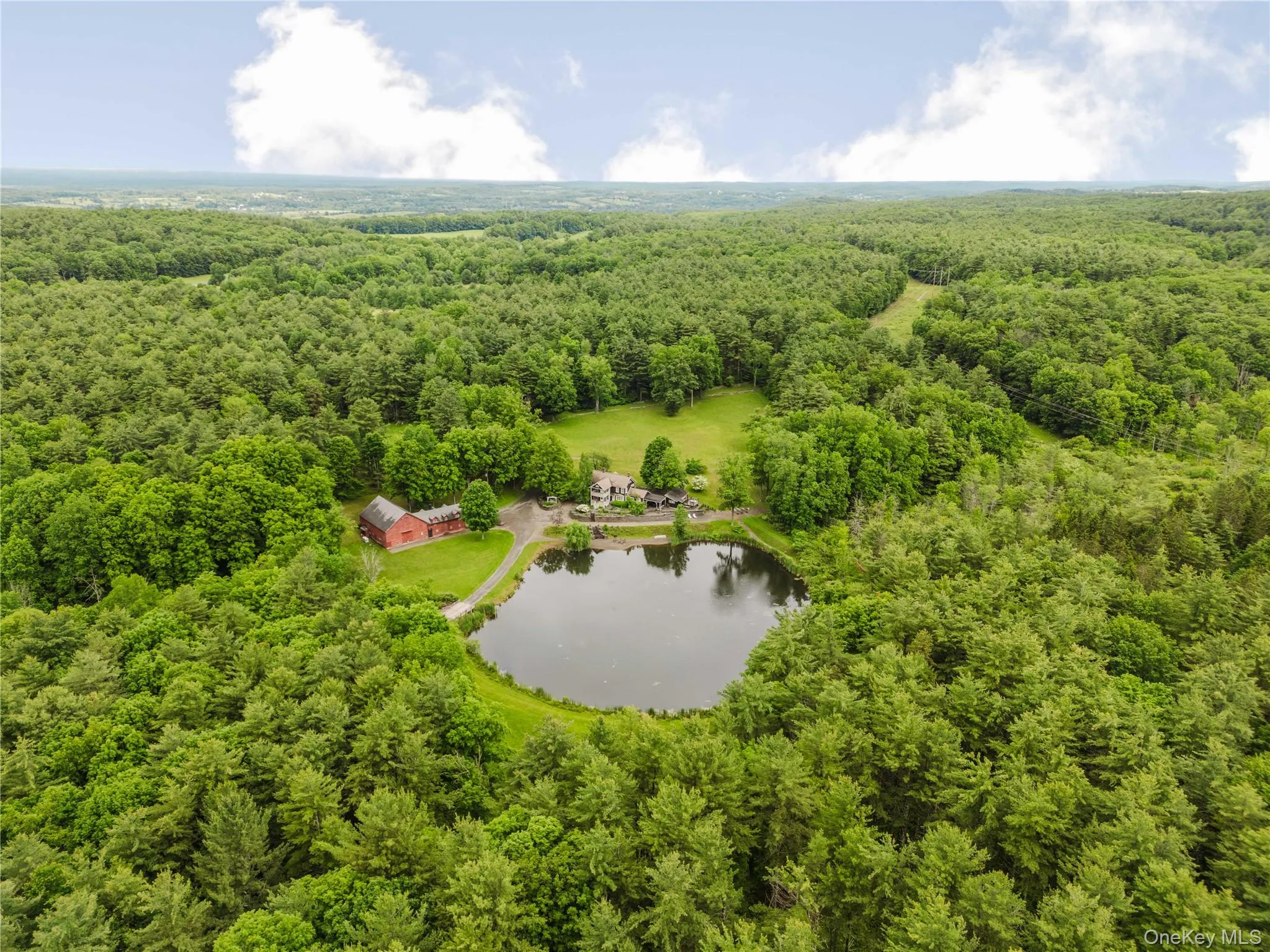 Aerial view of a heavily wooded area and a nearby body of water Aerial view of a heavily wooded area and a nearby body of water