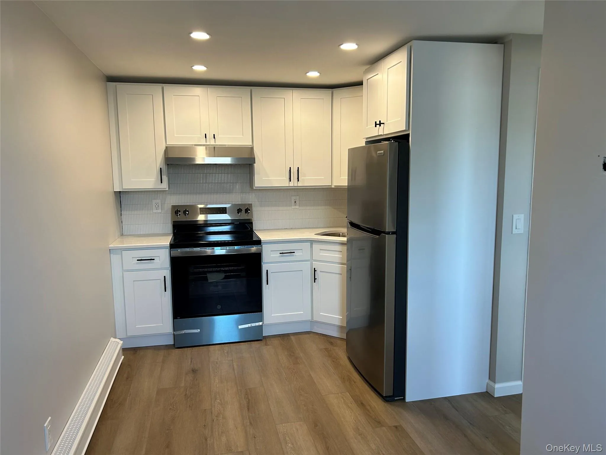 Kitchen featuring stainless steel appliances, extractor fan, wood finished floors, light countertops, and recessed lighting Kitchen featuring stainless steel appliances, extractor fan, wood finished floors, light countertops, and recessed lighting