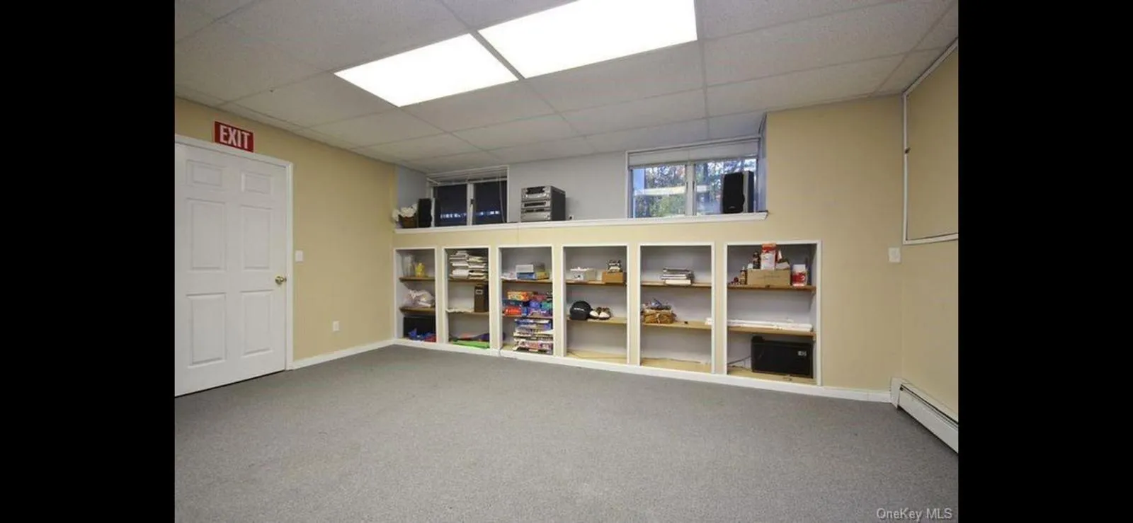 Below grade area with carpet floors, a baseboard radiator, and a drop ceiling Below grade area with carpet floors, a baseboard radiator, and a drop ceiling