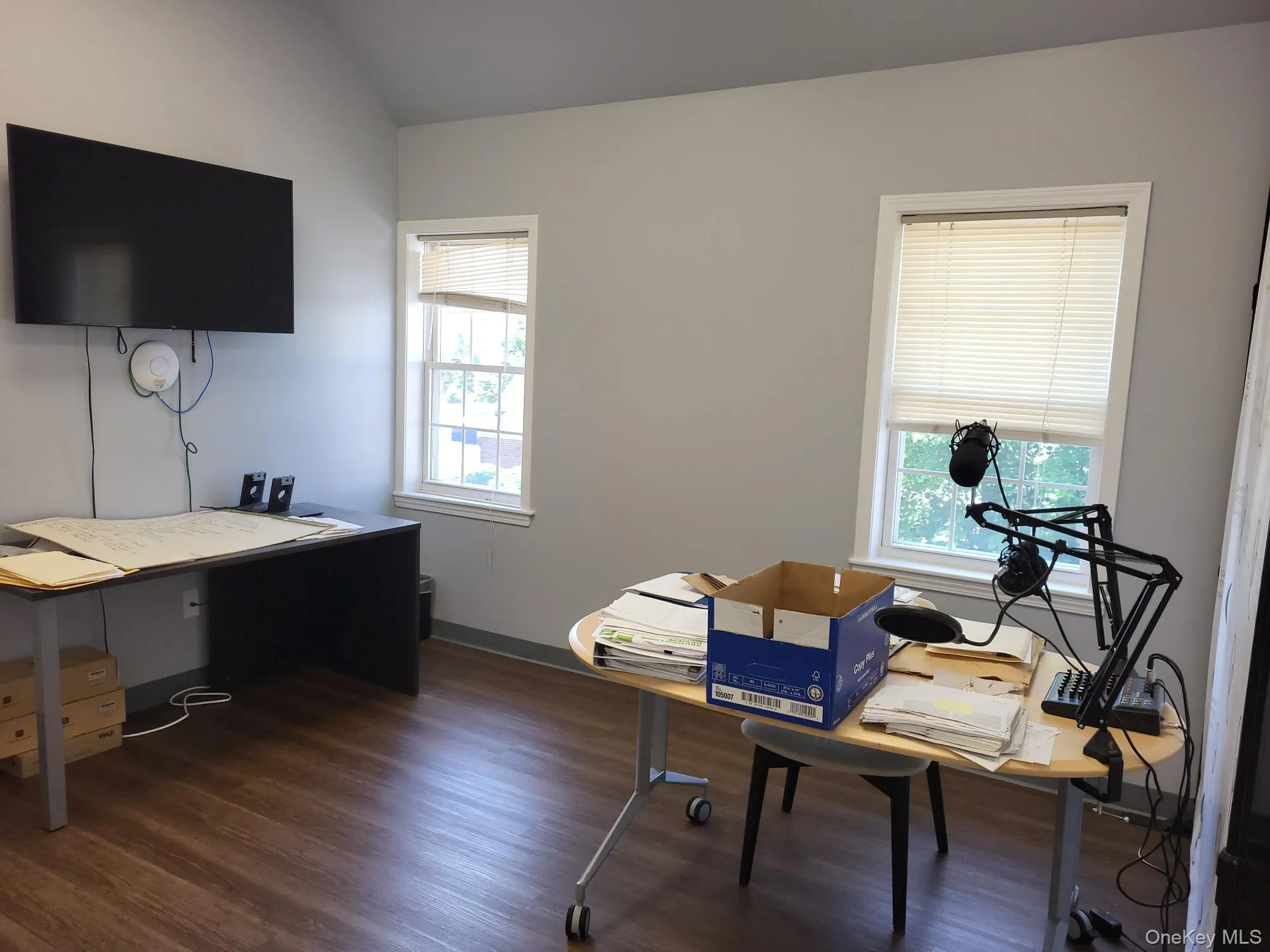 Home office featuring dark wood-style flooring, plenty of natural light, and lofted ceiling Home office featuring dark wood-style flooring, plenty of natural light, and lofted ceiling