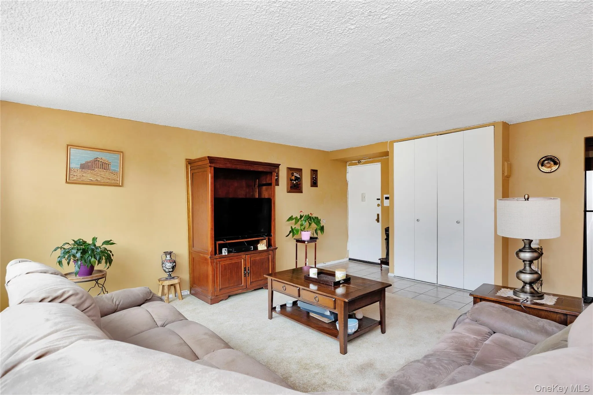 Living area with a textured ceiling and light colored carpet Living area with a textured ceiling and light colored carpet