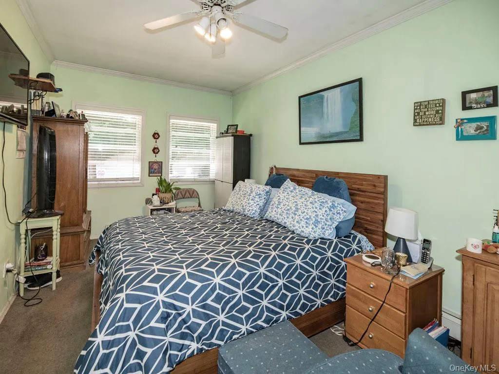 Bedroom featuring ornamental molding, ceiling fan, and carpet Bedroom featuring ornamental molding, ceiling fan, and carpet