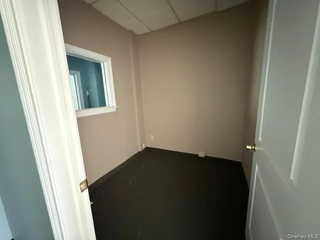 Spare room with carpet flooring and a paneled ceiling Spare room with carpet flooring and a paneled ceiling