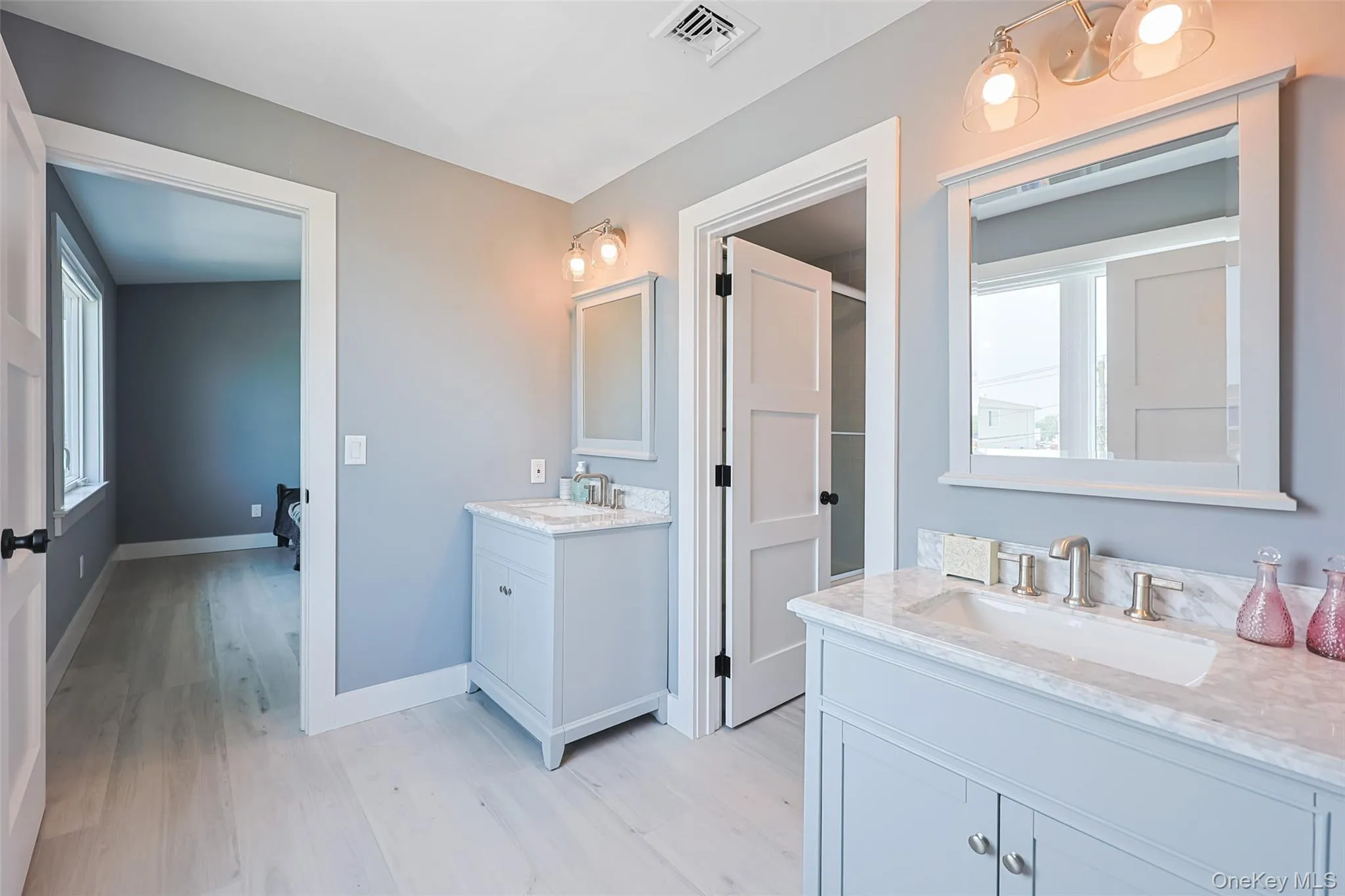 Full bathroom featuring wood finished floors and two vanities Full bathroom featuring wood finished floors and two vanities