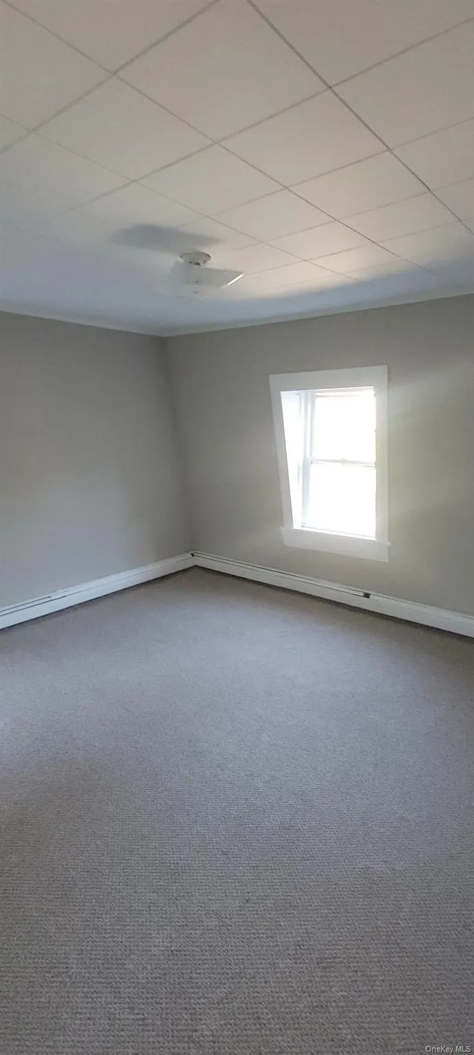Carpeted empty room with baseboards and a paneled ceiling Carpeted empty room with baseboards and a paneled ceiling