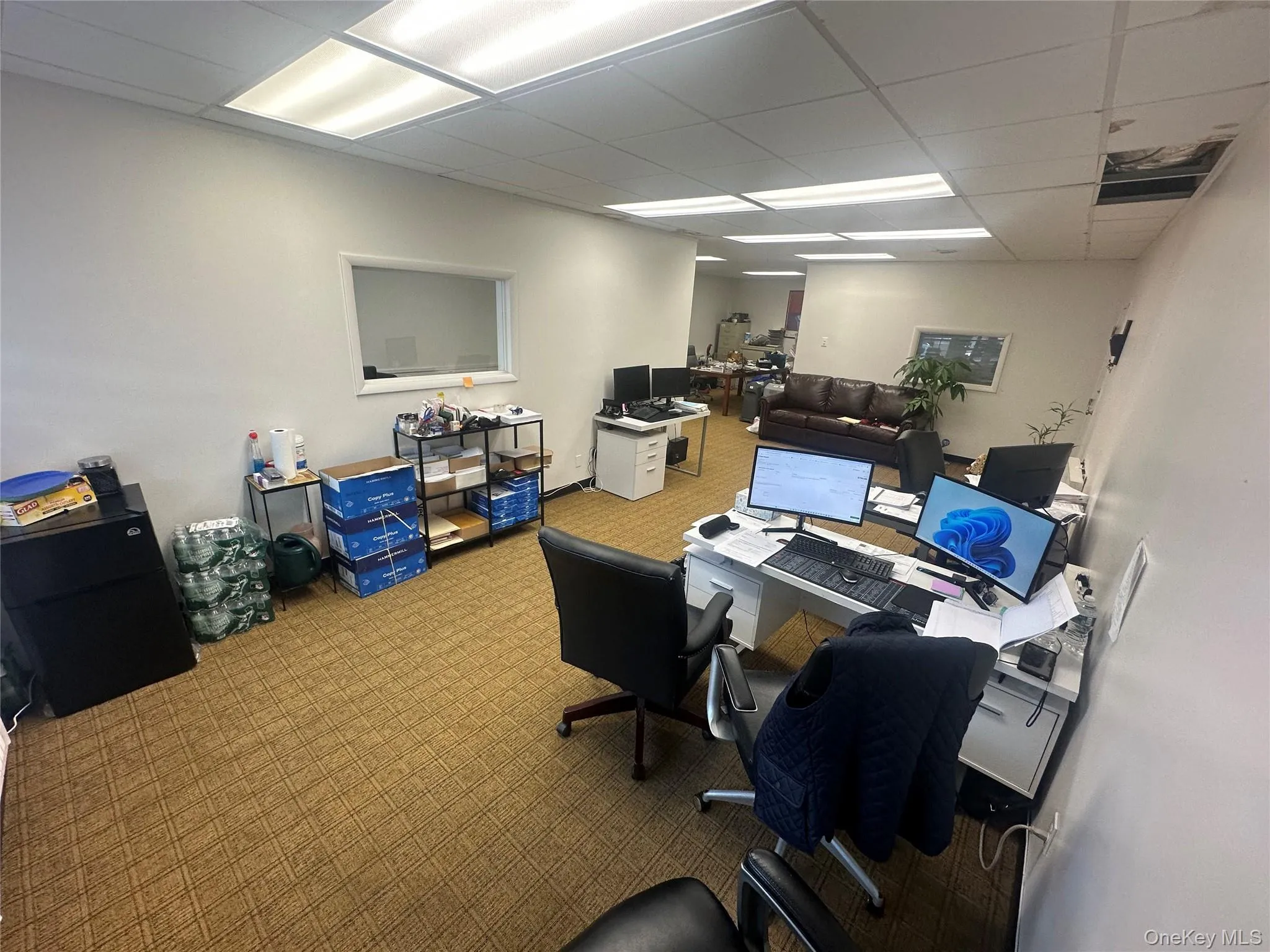 Office space with carpet flooring and a paneled ceiling Office space with carpet flooring and a paneled ceiling