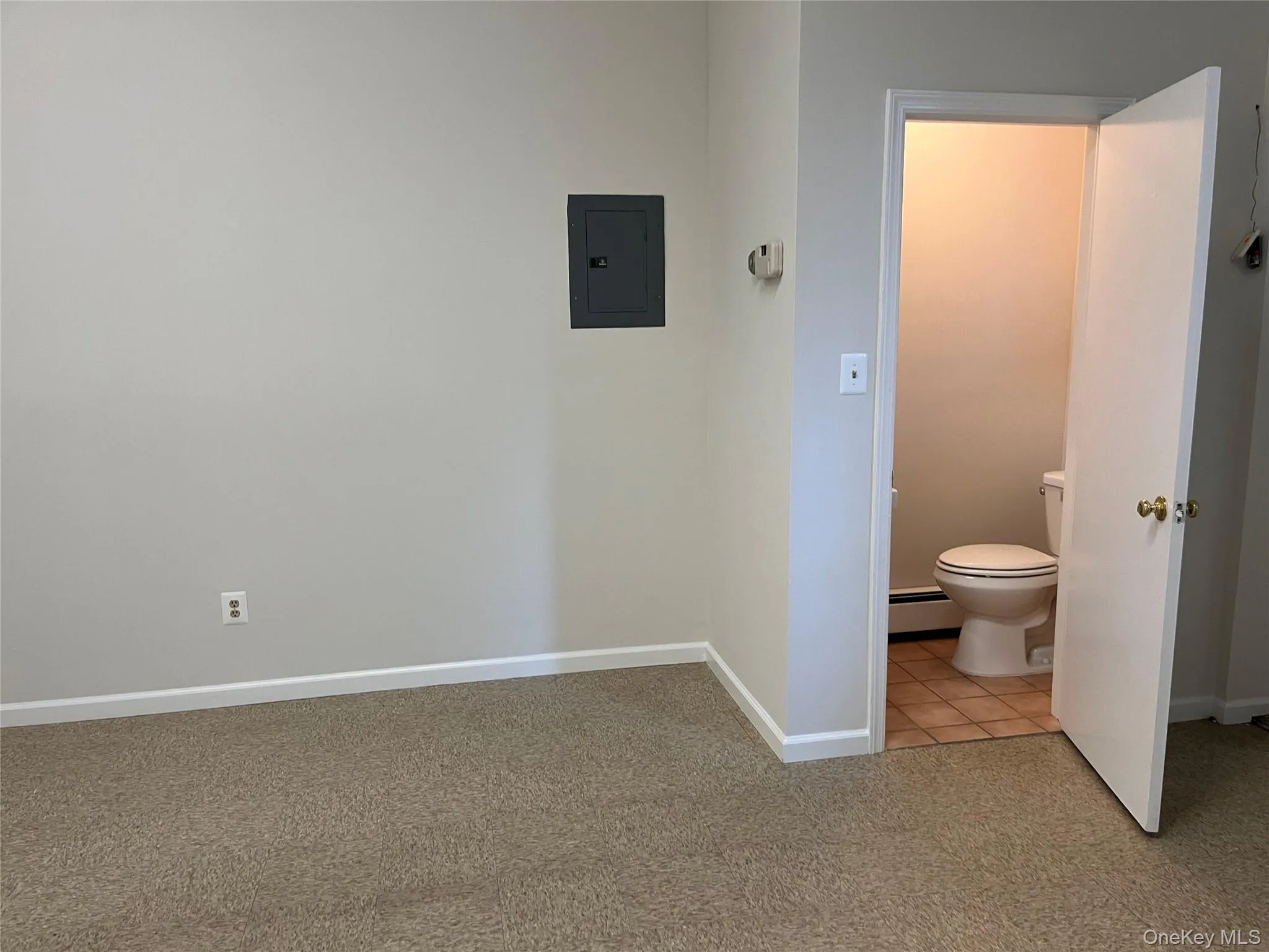 Bathroom featuring electric panel and a baseboard heating unit Bathroom featuring electric panel and a baseboard heating unit
