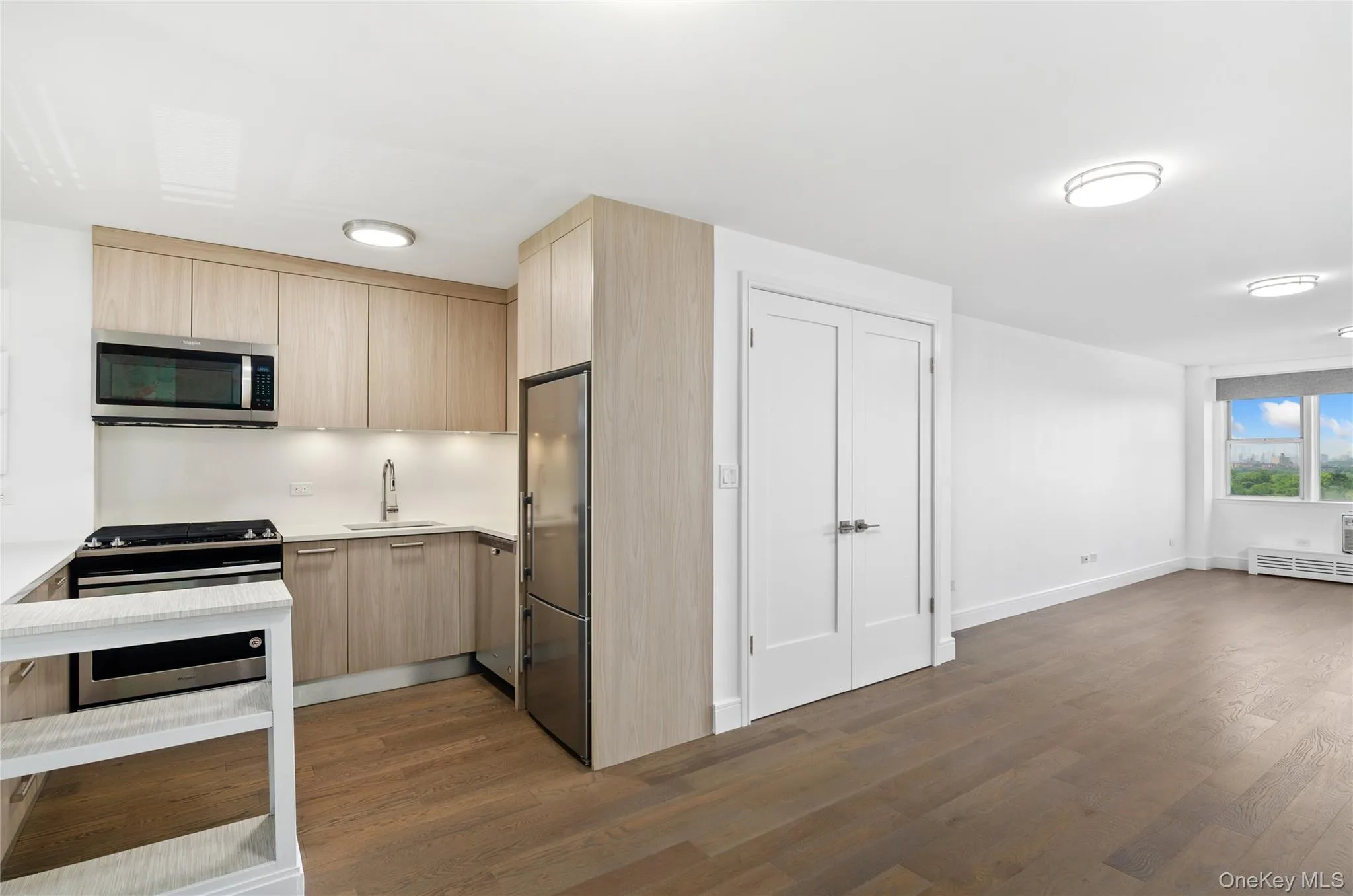 Kitchen with appliances with stainless steel finishes, light brown cabinets, light countertops, dark wood finished floors, and modern cabinets Kitchen with appliances with stainless steel finishes, light brown cabinets, light countertops, dark wood finished floors, and modern cabinets