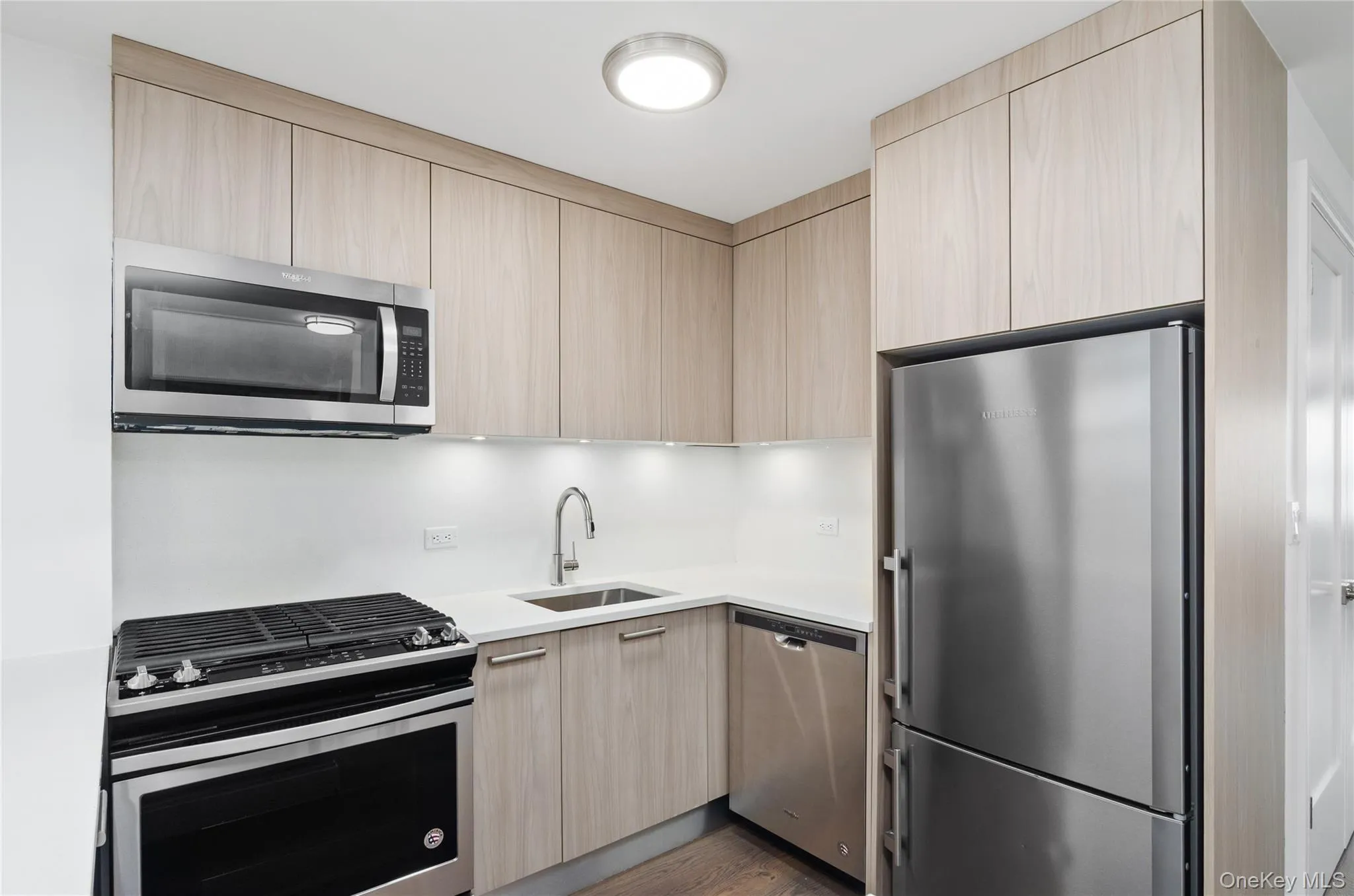 Kitchen featuring appliances with stainless steel finishes, light brown cabinets, and modern cabinets Kitchen featuring appliances with stainless steel finishes, light brown cabinets, and modern cabinets