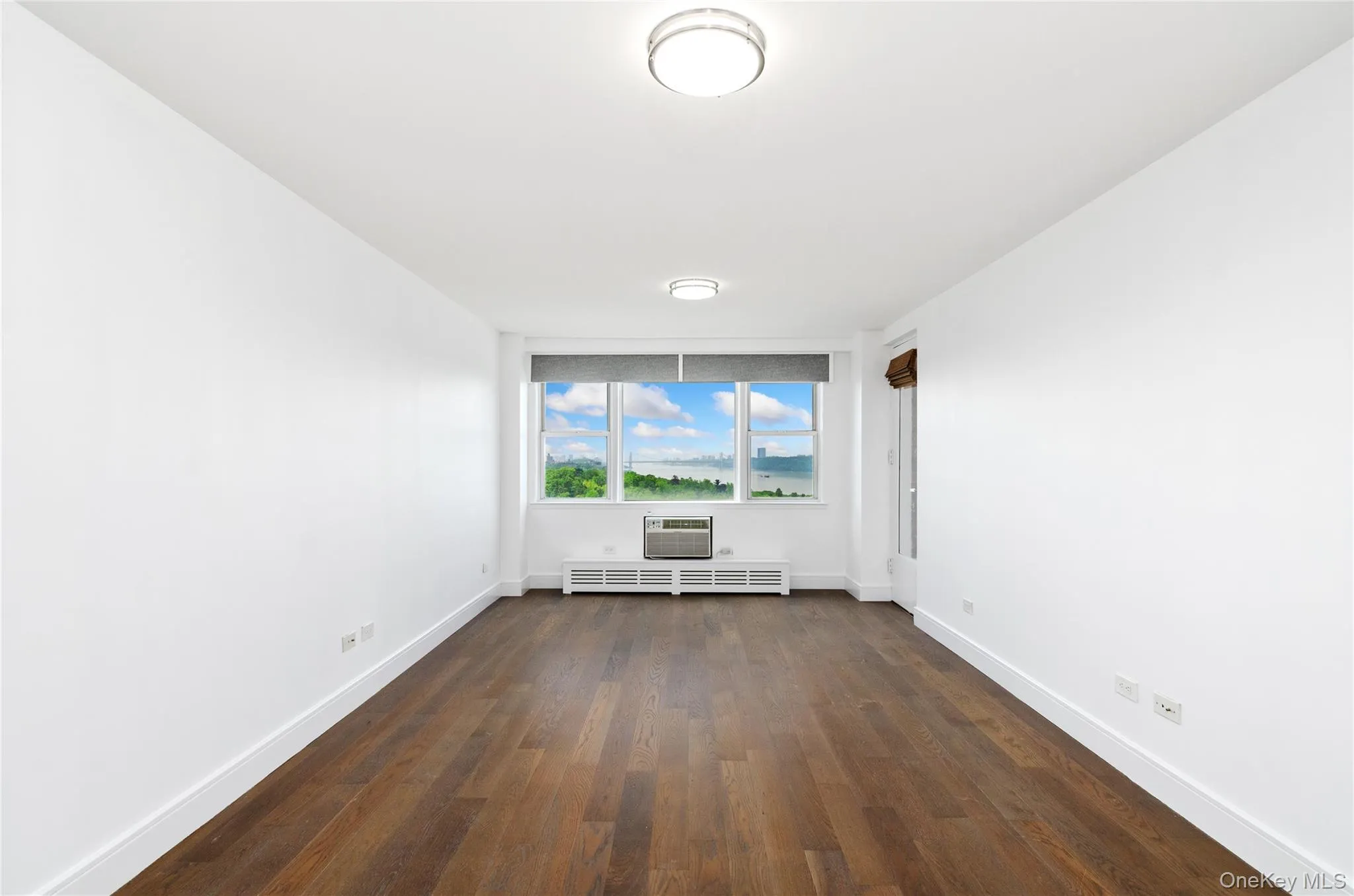 Spare room with dark wood-style floors, a wall mounted AC, and radiator Spare room with dark wood-style floors, a wall mounted AC, and radiator
