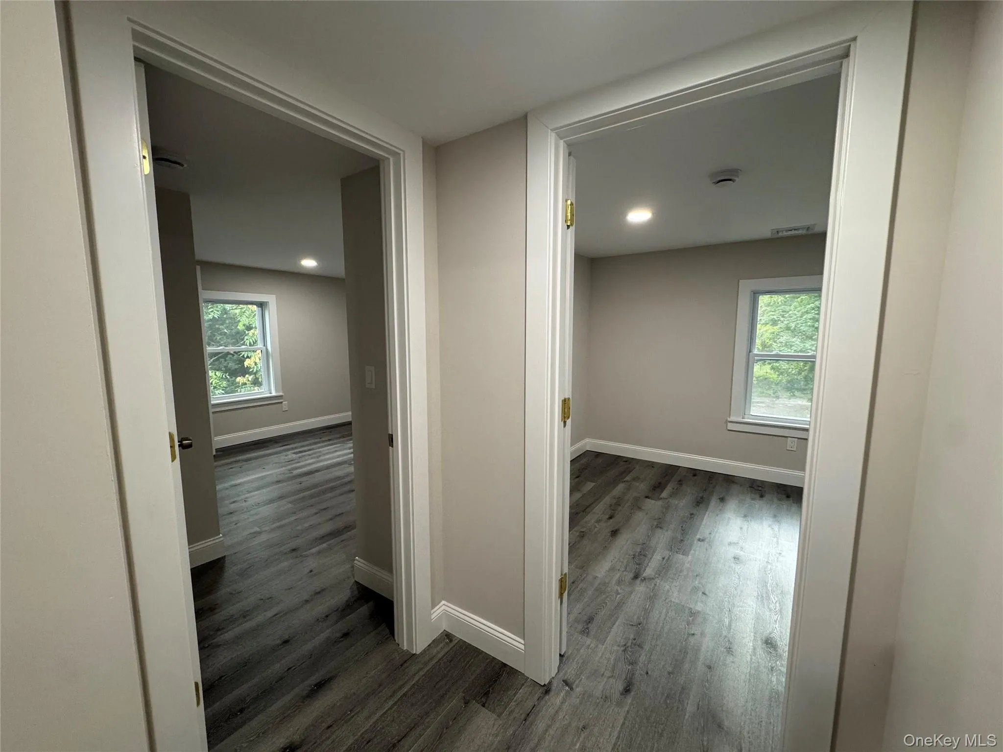 Corridor with dark wood-style floors and healthy amount of natural light Corridor with dark wood-style floors and healthy amount of natural light