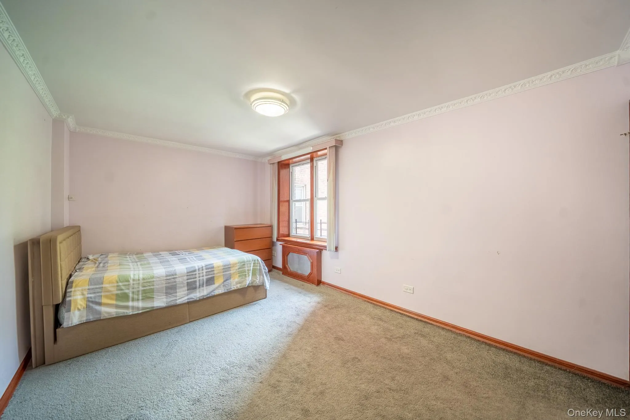 Bedroom with carpet floors and crown molding Bedroom with carpet floors and crown molding