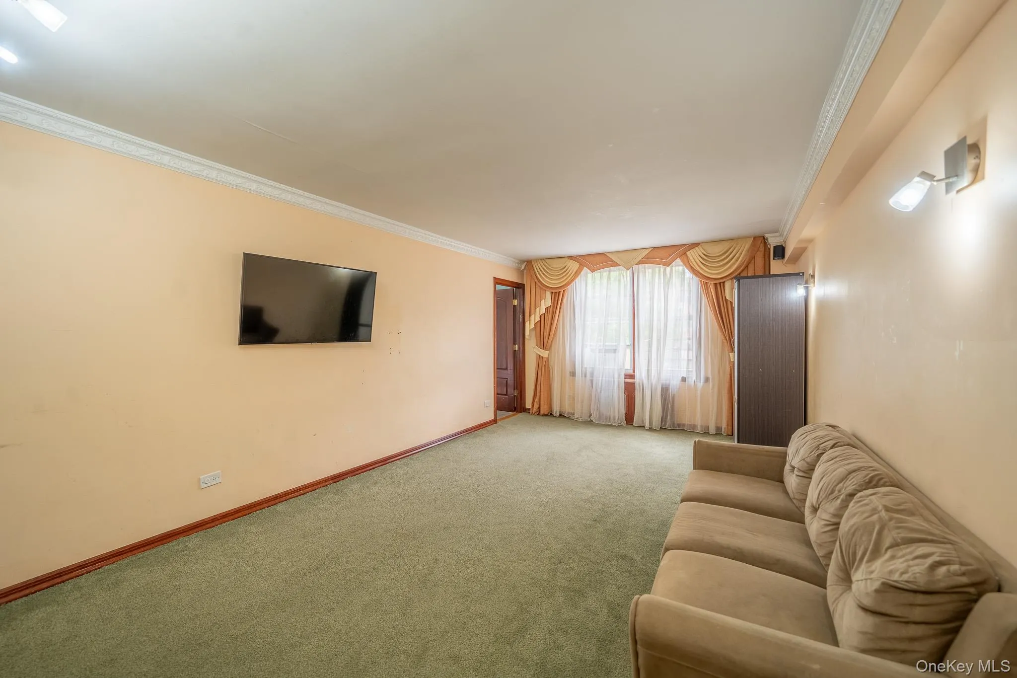 Living area with light carpet and ornamental molding Living area with light carpet and ornamental molding