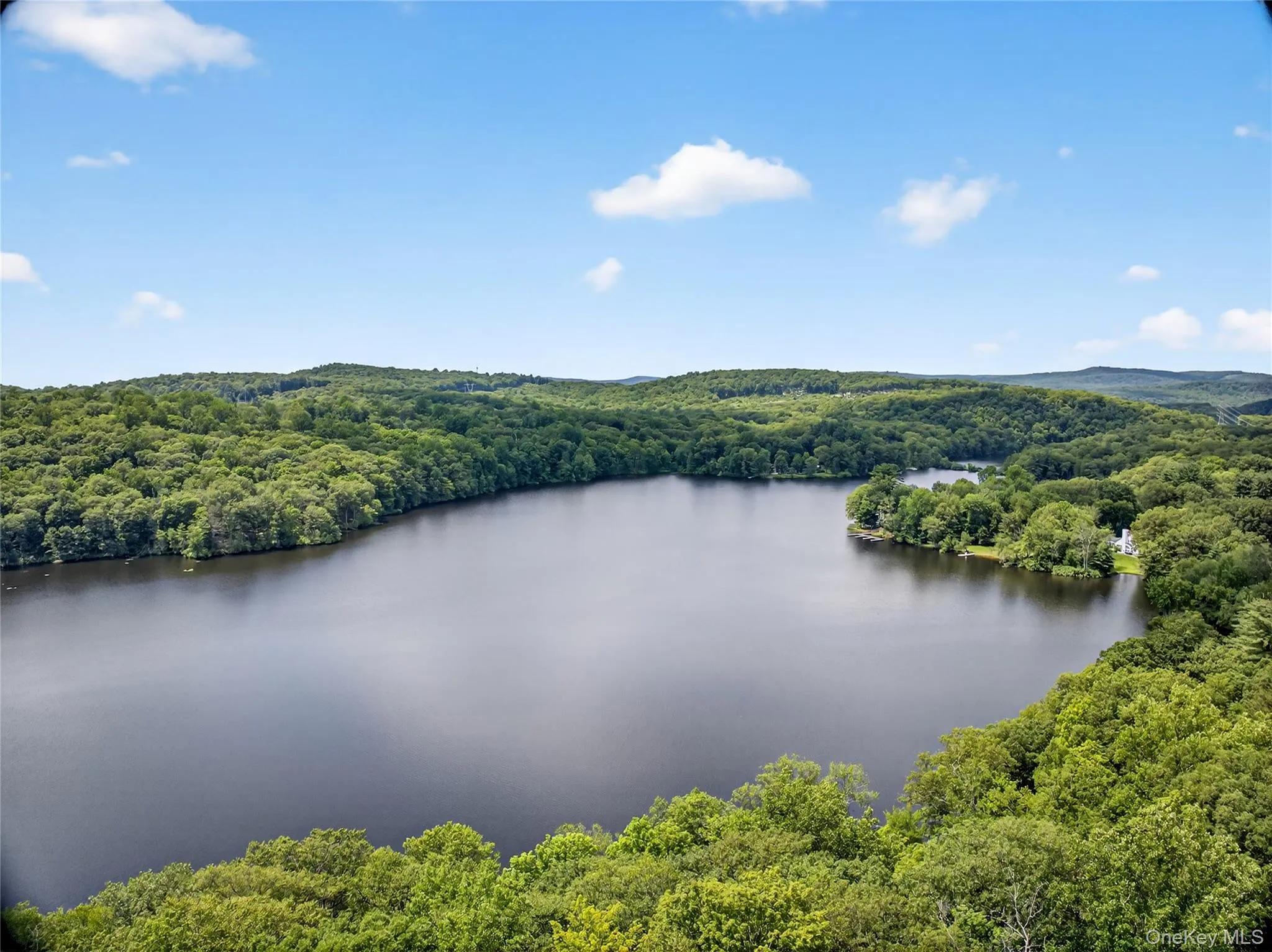 Aerial view of a heavily wooded area and a large body of water Aerial view of a heavily wooded area and a large body of water