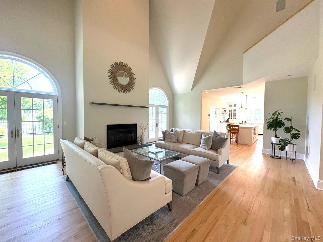 Living room with high vaulted ceiling, light wood-type flooring, french doors, and a glass covered fireplace Living room with high vaulted ceiling, light wood-type flooring, french doors, and a glass covered fireplace