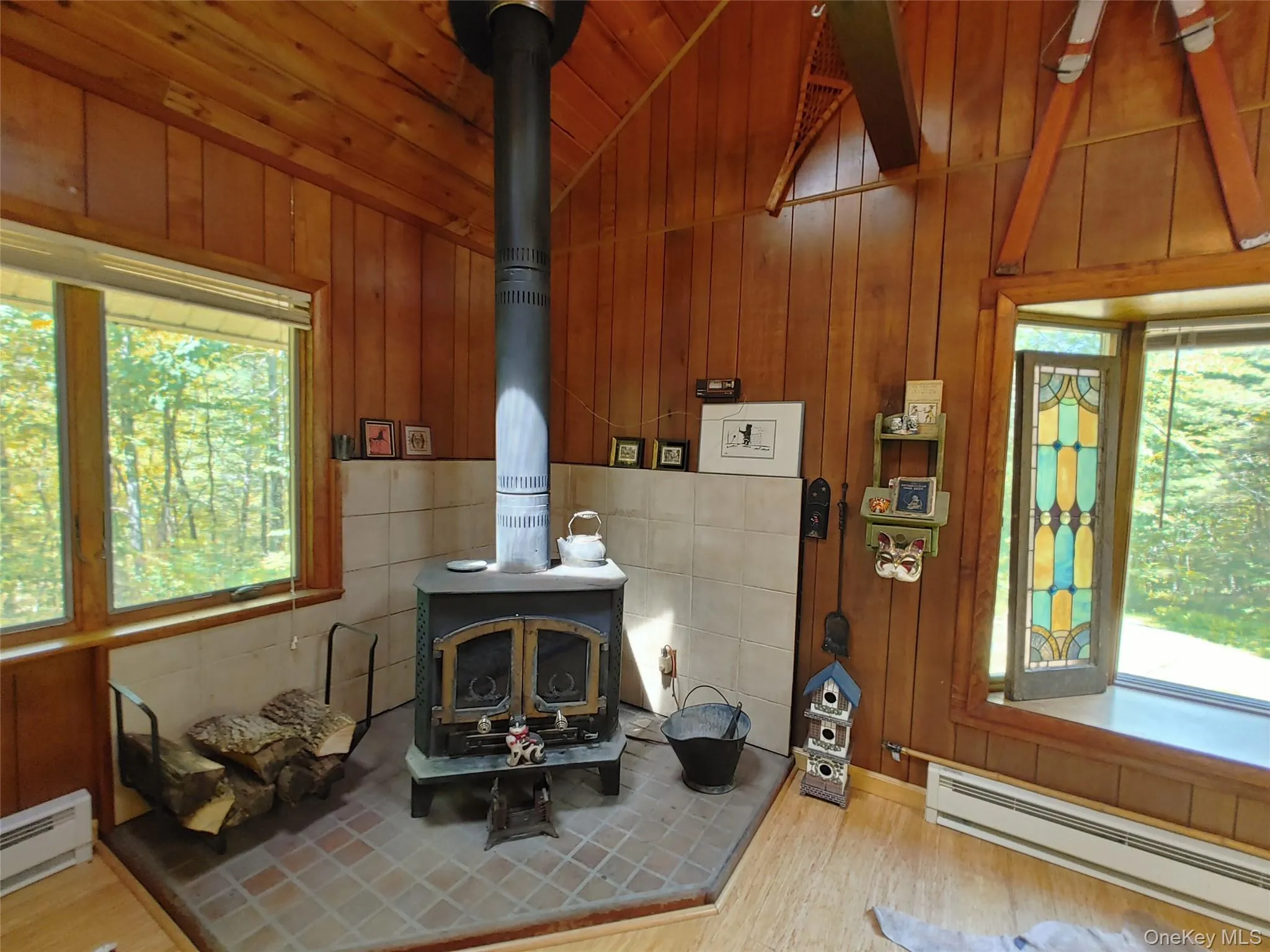 Living area with a wood stove, vaulted ceiling, a baseboard radiator, bamboo plank floors, and wooden walls Living area with a wood stove, vaulted ceiling, a baseboard radiator, bamboo plank floors, and wooden walls