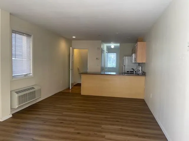 Kitchen featuring dark wood-style floors, freestanding refrigerator, a peninsula, a wall mounted air conditioner, and dark countertops Kitchen featuring dark wood-style floors, freestanding refrigerator, a peninsula, a wall mounted air conditioner, and dark countertops
